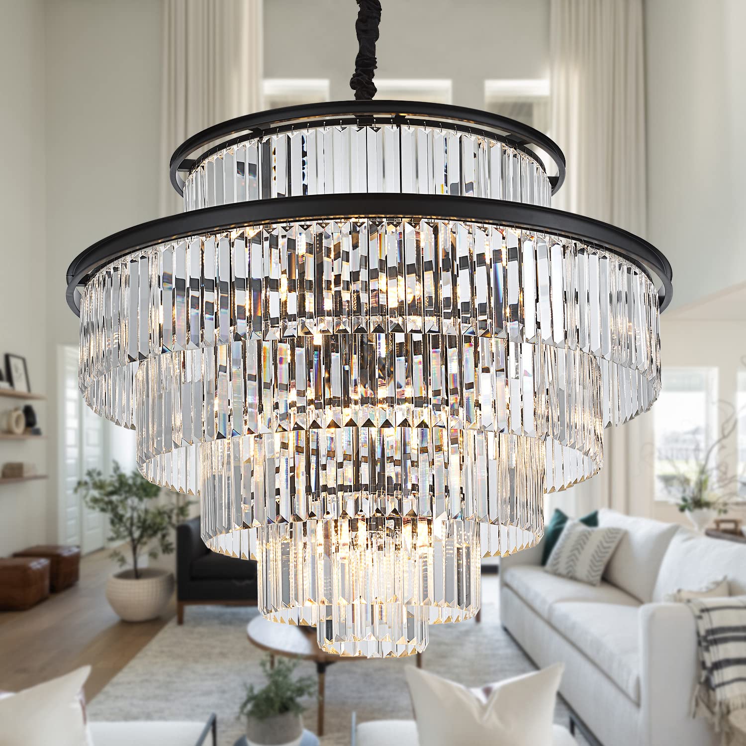 Lighceac 35" 24-Light Modern Crystal Chandelier Light Fixture Large 6-Tier Black Luxury Chandeliers For Dining Room Round Hanging Pendant Lighting For Living Room Kitchen Entryway Bedroom Foyer Lobby
