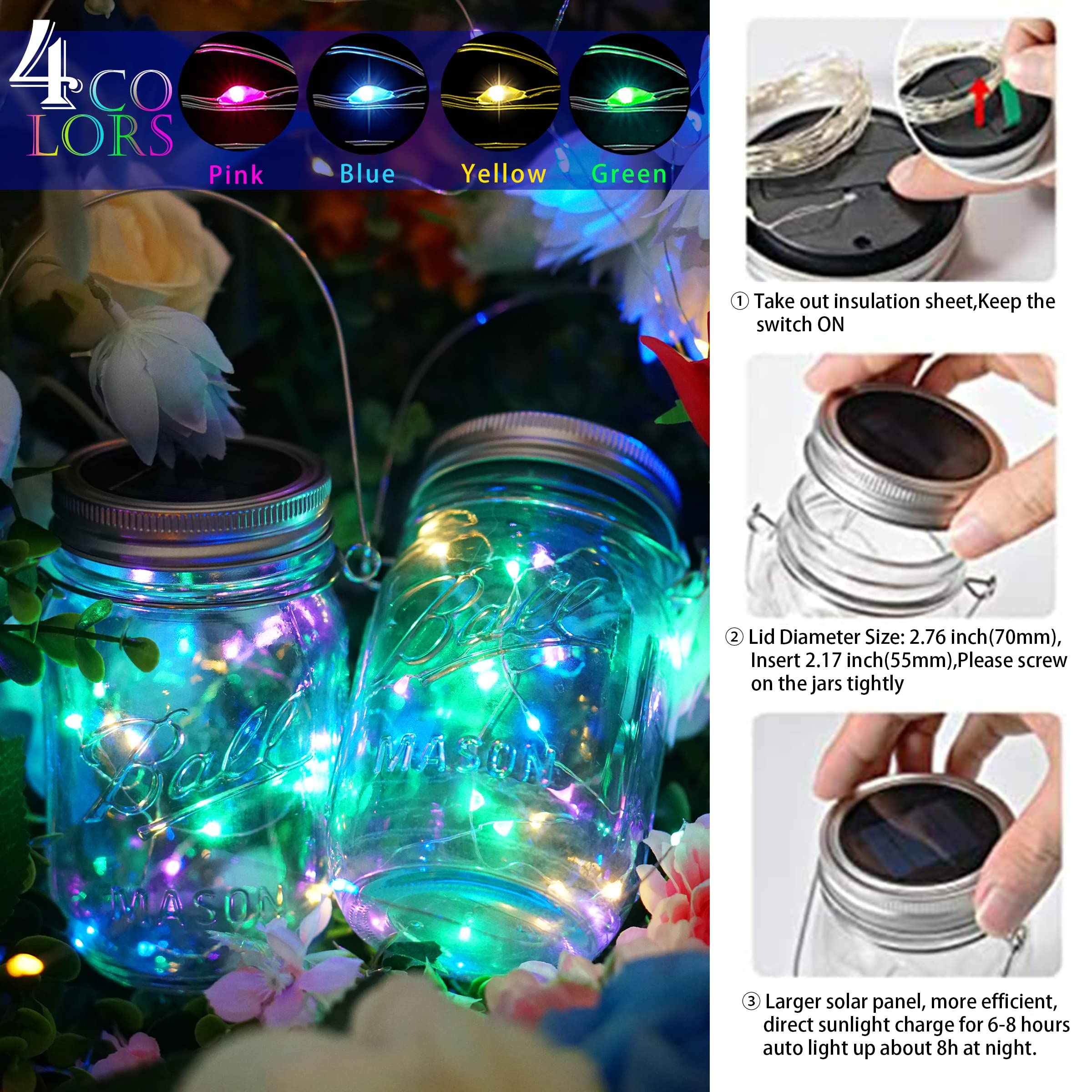 SunKite Solar Mason Jar Lights, 12 Pack, 30 LED, Waterproof Fairy Lights, Multi-colored, Garden Decoration (Jars Not Included)