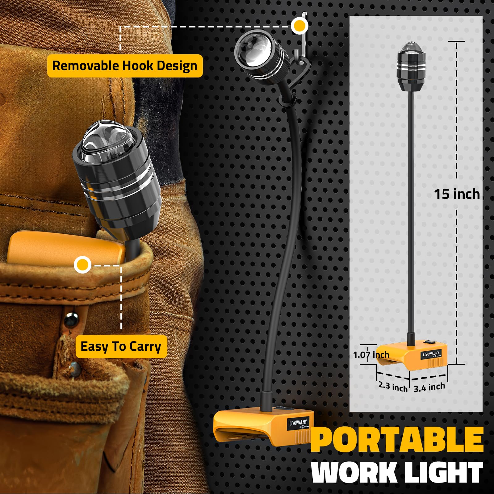 2Pcs Led Work Light For Dewalt 20V Battery, 20W 2000Lm Led Light Flood Light, 12'' Flexible Gooseneck, Flashlight Battery Light