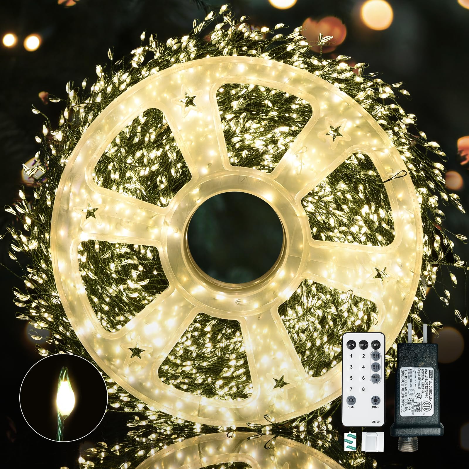 Dailyart Fairy Lights Plug in 3000 LED Warm Twinkle String Light 195Ft Waterproof Green Wire, Model DY-3000LED-LS-WW-YK