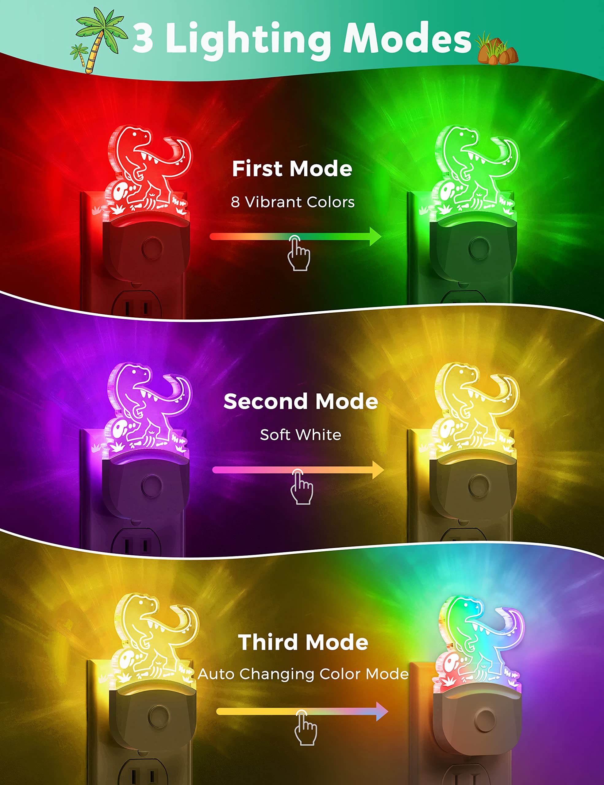 Dinosaur Night Light For Kids [2 Pack], 8 Color Changing Plug In Night Light For Kids, Baby Night Light With Dusk To Dawn Sensor