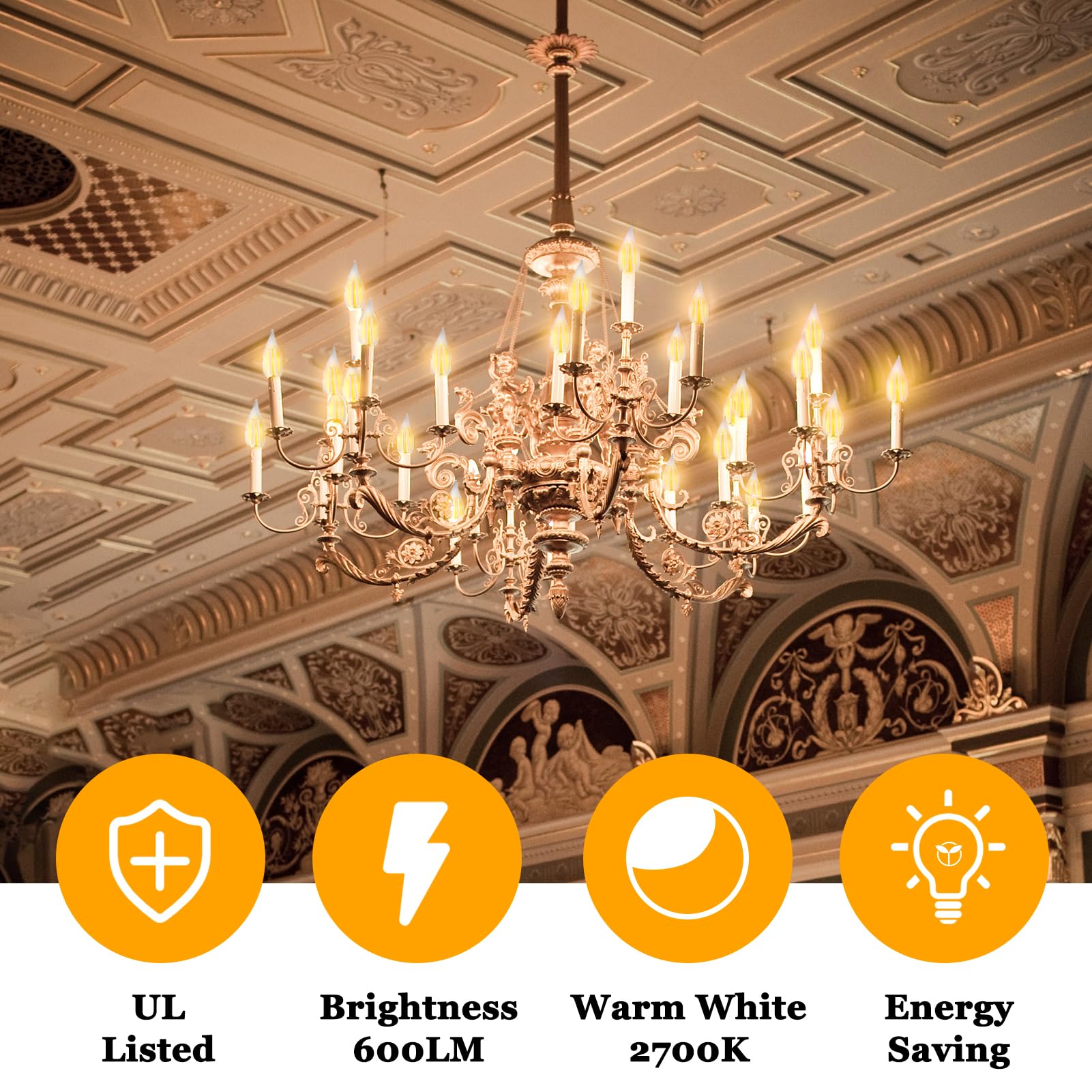 Loniuto Led Light Bulbs 60 Watt Equivalent, 12 Pack Vintage Led Flame Tip Candelabra Bulb, E12 Led Bulb Dimmable 2700K Soft Warm