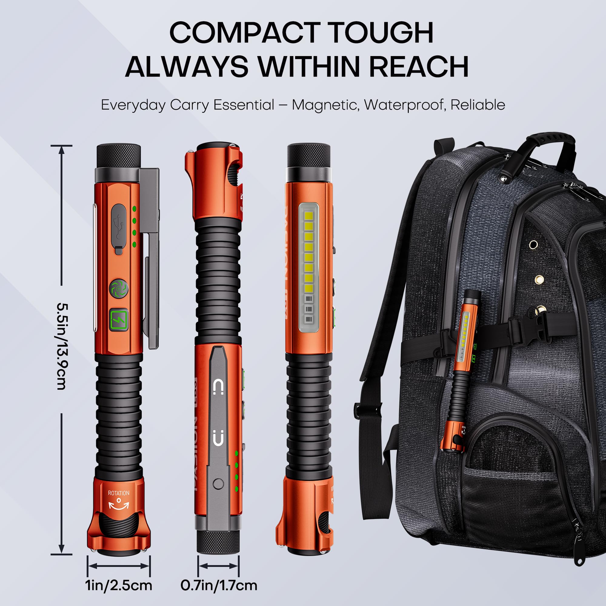 PASIION EDC Flashlight 800 Lumen, Rechargeable LED, Large Aluminum, Orange, Model LB3, 11 Modes, Magnetic Clip & Base, Glass Breaker