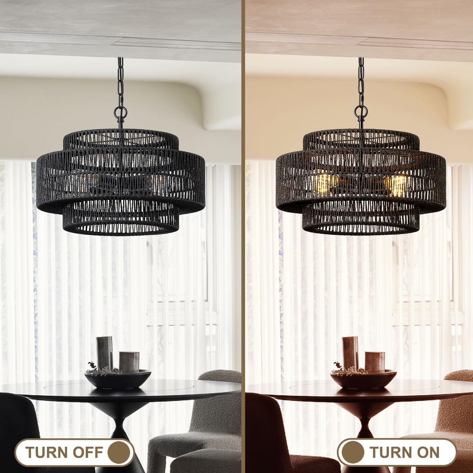 Giutna 17.7'' Black Large Boho Rattan Chandeliers For Dining Room, 4-Light Rattan Hand-Woven Farmhouse Drum Chandelier Pendant L