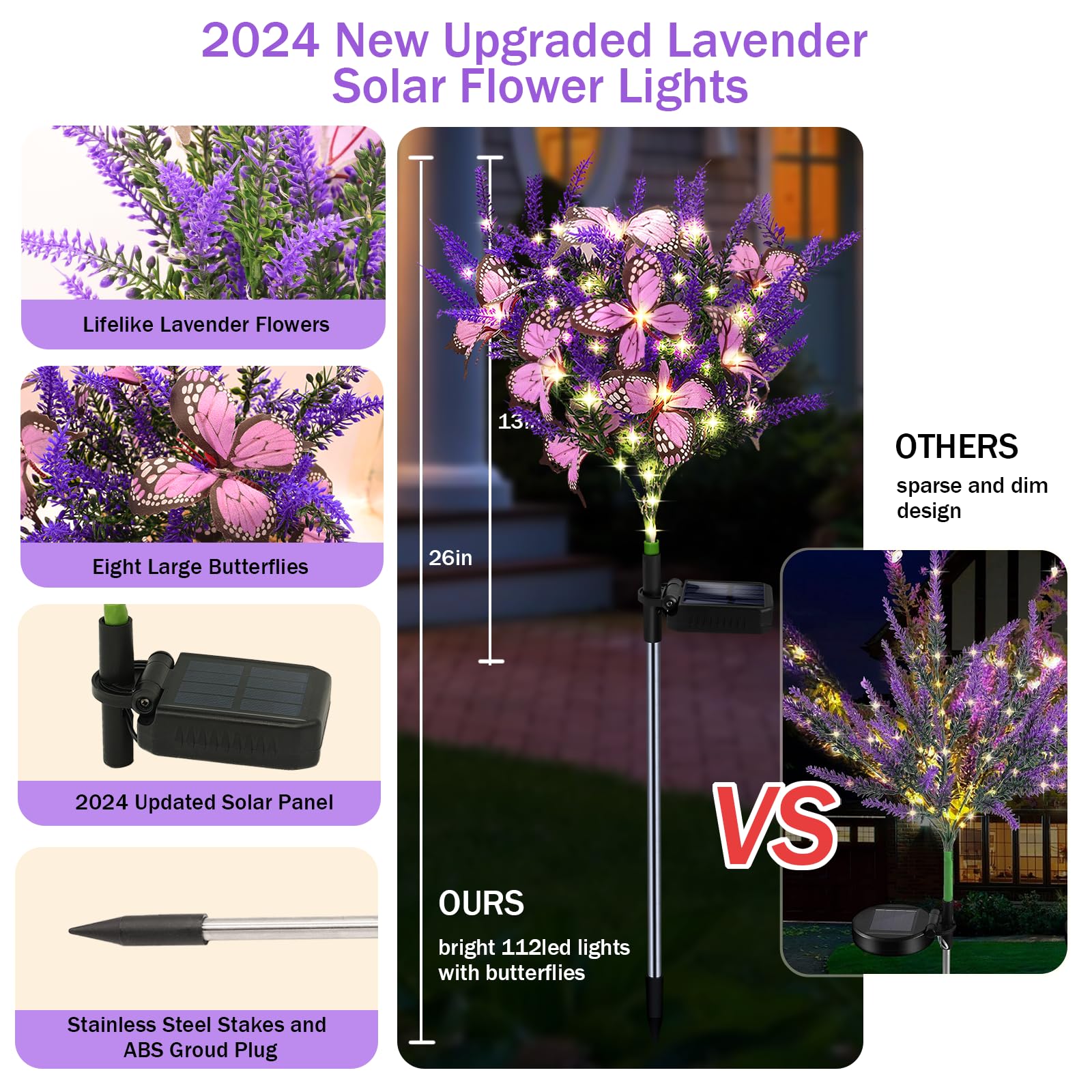 Kohlrabi Solar Garden Lights - 2 Pack Purple Lavender Butterfly Decor For Lawn & Patio