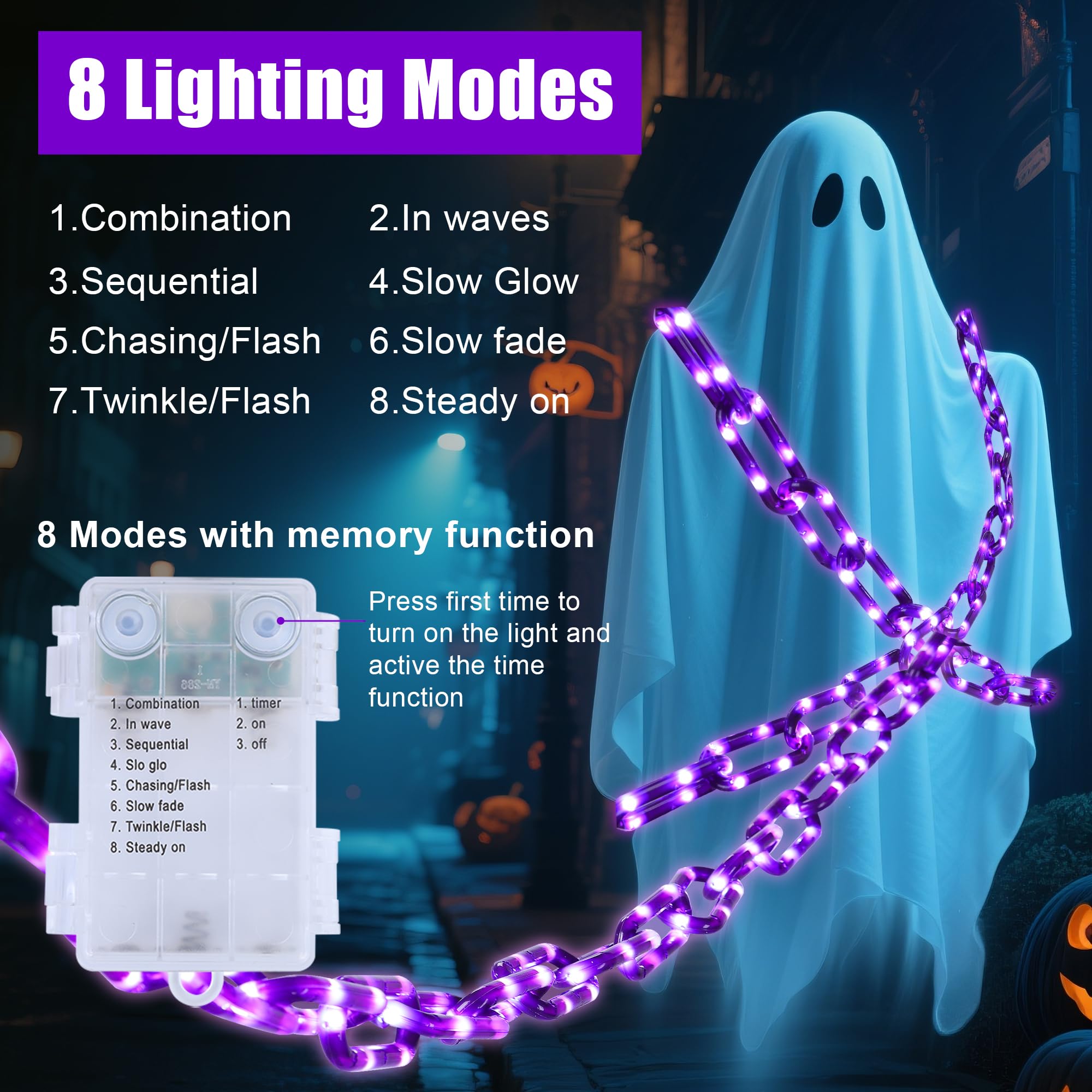 woohaha Halloween Decorations Purple 175LED Chain Lights, 10.5FT, Battery/USB, 8 Modes, Timer for Outdoor Party