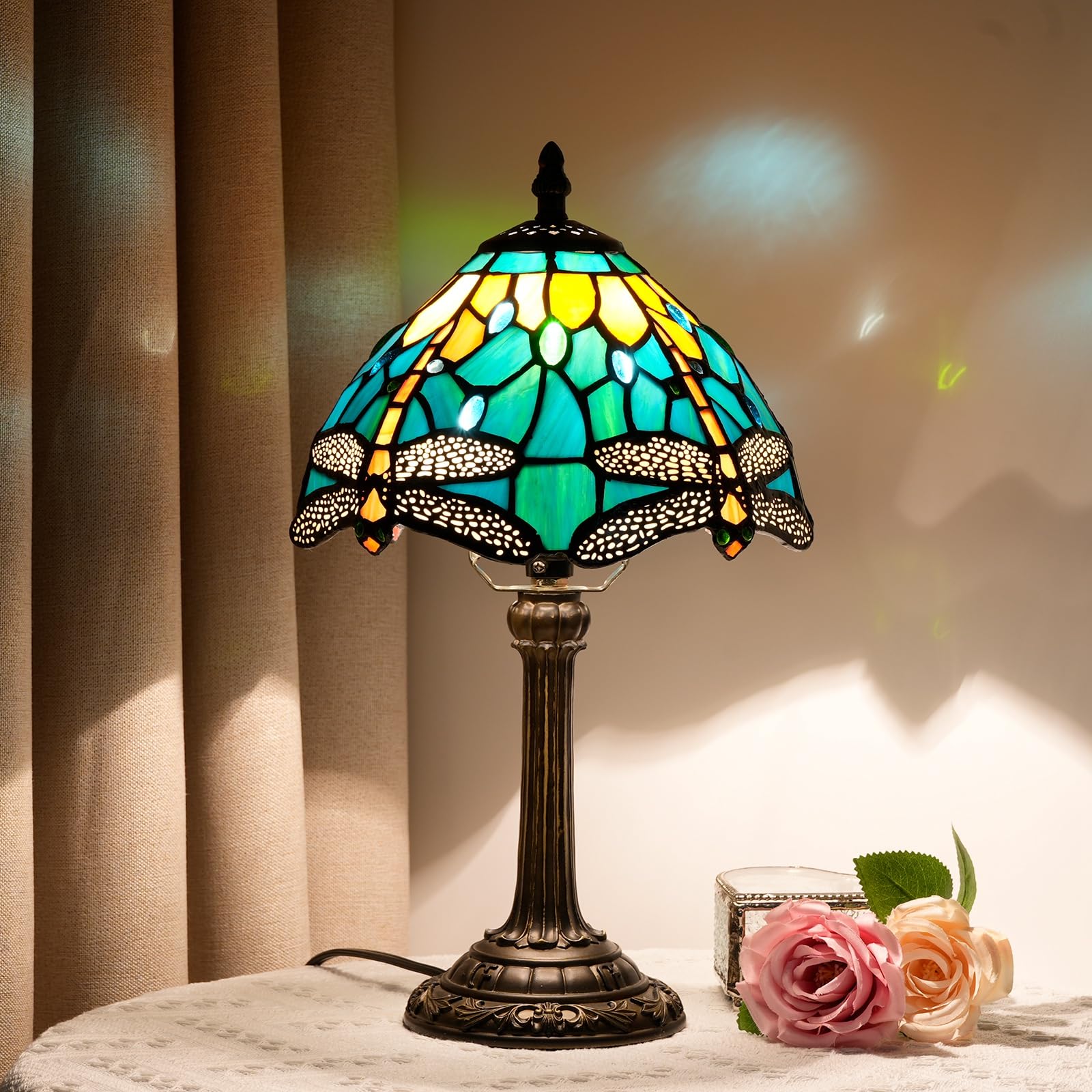 Tiffany Lamp Style Stained Glass Table Lamp Teal Dragonfly Green Bedroom Bedside Light For Office Dorm Bar Decor Retro Unique Cu