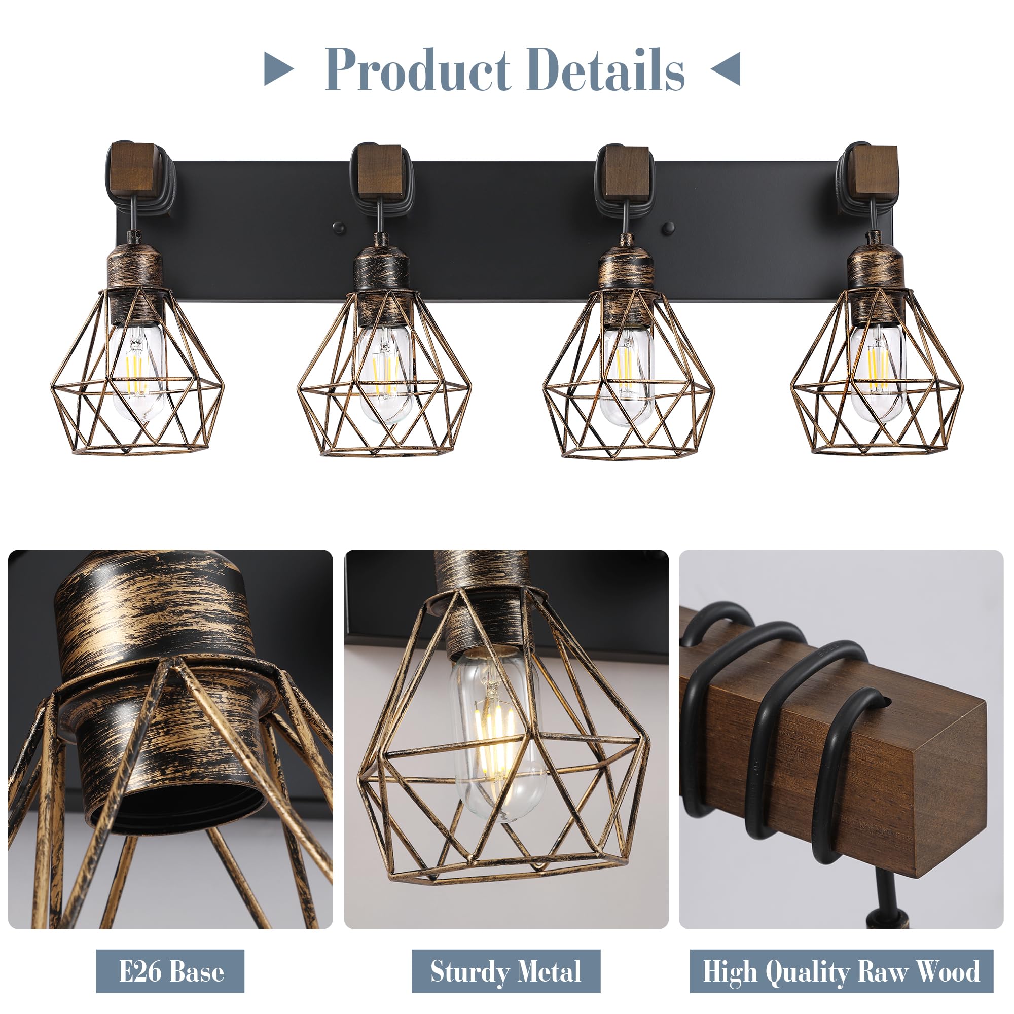 Farmhouse Bathroom Light Fixtures, 4-Light Bathroom Lighting Fixtures Over Mirror, Rustic Wood Black Gold Vanity Lights Wall Sco