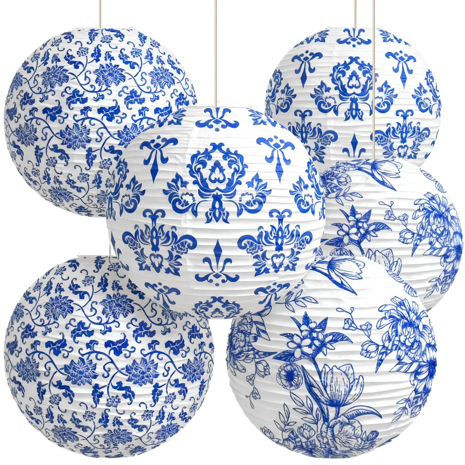Chinoiserie Paper Lantern Celehappy 10 inch Blue and White Porcelain Print Lantern Chinese Round Hanging Lanten for Birthday Wed
