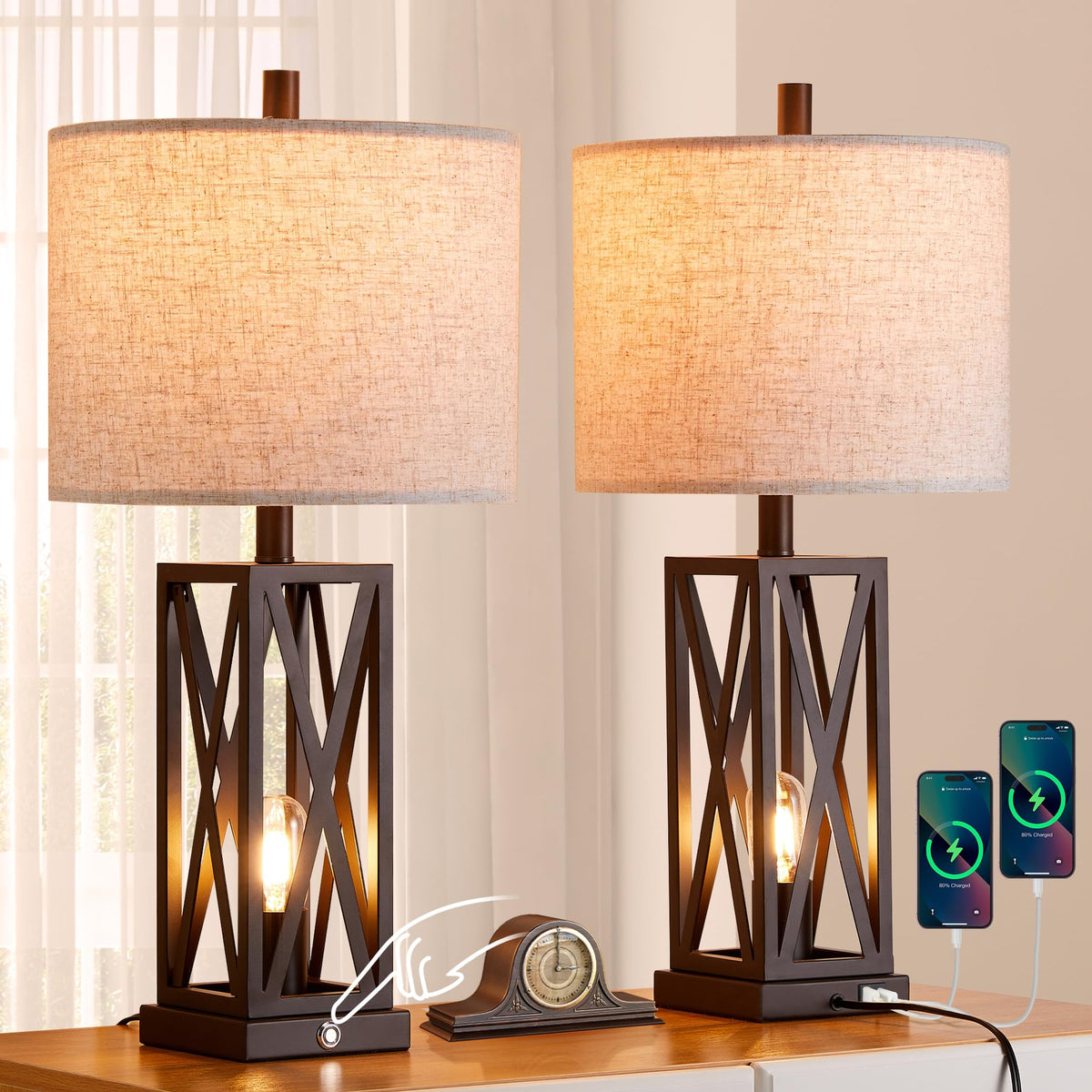 Weiters Set Of 2 Rustic Dimmable Table Lamps With Usb Ports, Vintage Farmhouse Style, Brown