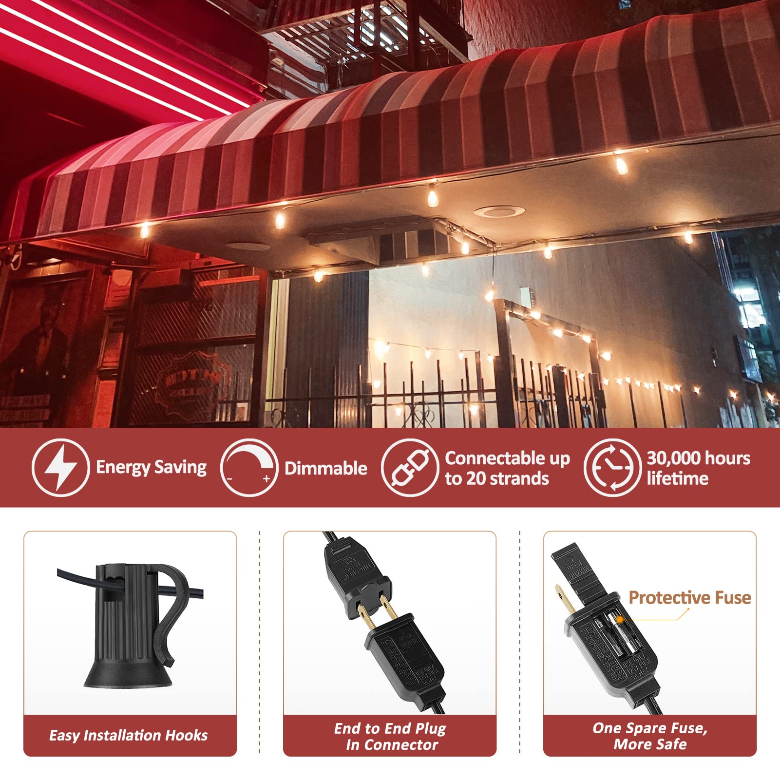 Achin Outdoor String Lights 50ft LED Dimmable ST38 Warm Waterproof with 25 Shatterproof Bulbs Black