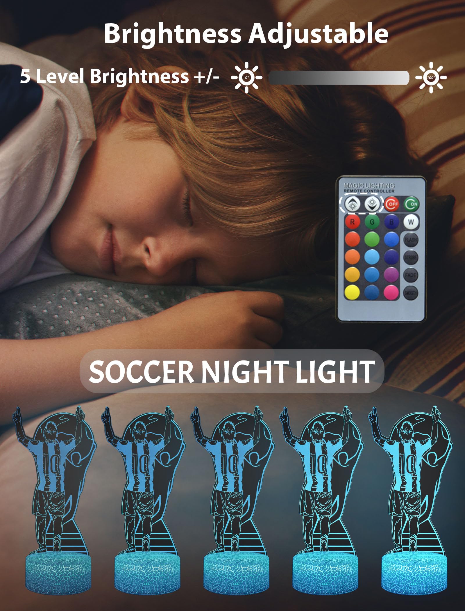 Arerg Soccer Player #10 3D Illsuion Lamp For Boys,16 Colors Changing Dimmable With Remote Soccer Room Decor Light, Creative Gifts For Soccer Fans Kids Teens Men Birthday Christmas