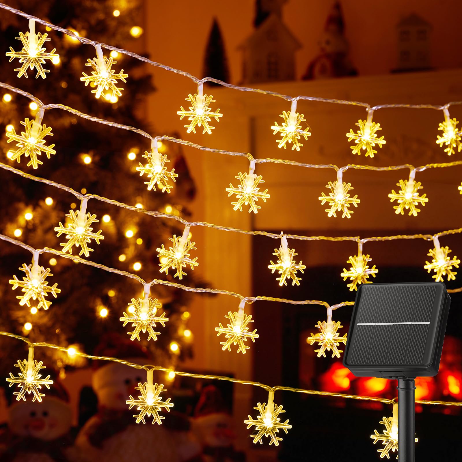 Brightown Solar Christmas Snowflake String Lights 50 LED 31 FT Outdoor Waterproof Snowflake Fairy Lights with 8 Lighting Modes f