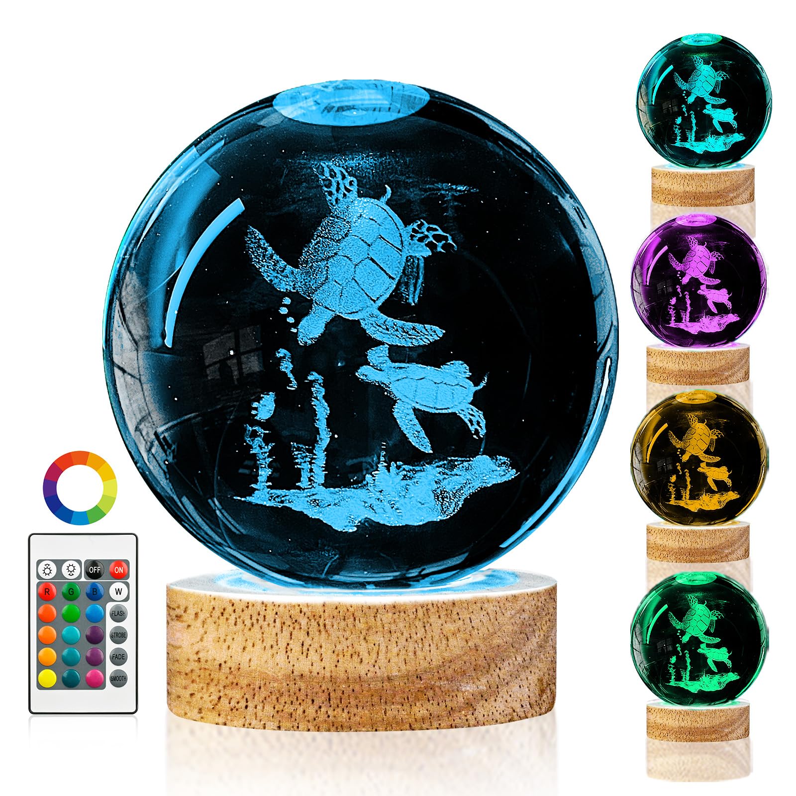 3D Sea Turtle Crystal Ball Night Light With 16 Color Led Wooden Base  Large 3.15 Inch Sea Turtle Glass Ball Lamps With Remote Cool Birthday Christmas Turtle Decor Gifts For Boys Girls Friends