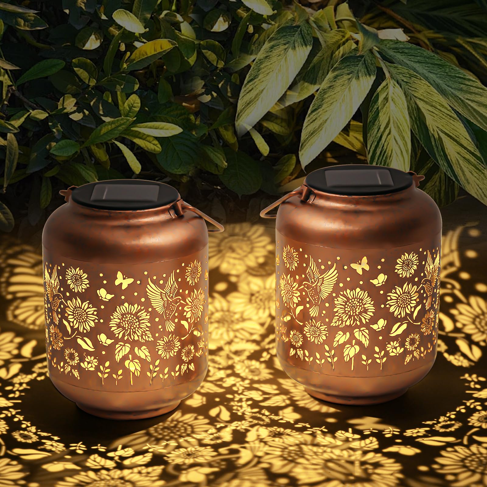 2-Pack Birthday Gifts for Women Mom Grandma Solar Lanterns Outdoor Waterproof Hummingbird Garden Decor Hanging Metal Lights Outs