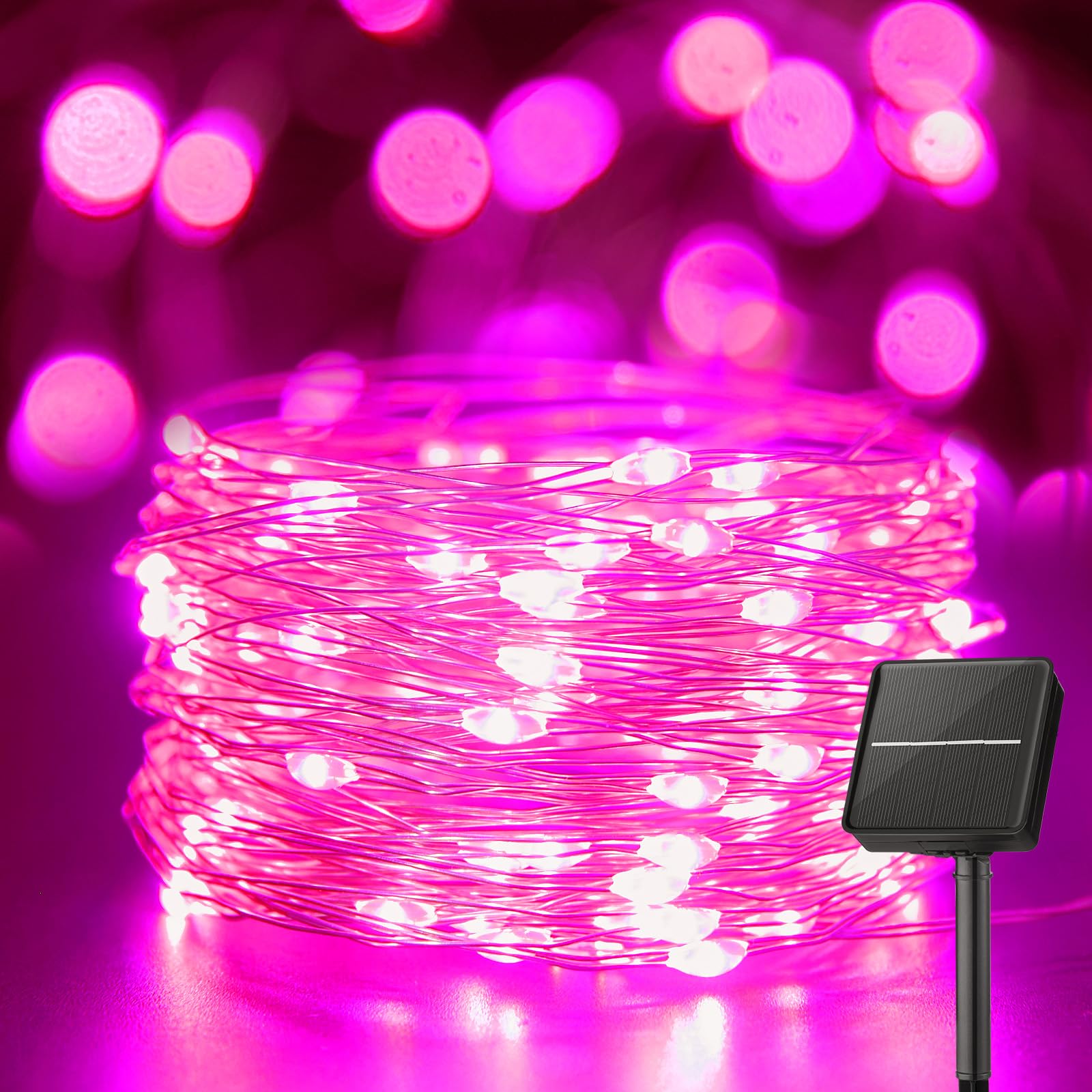 Minetom Solar String Lights for Outside, 33Ft 100 LED Outdoor Solar Fairy Lights, 8 Modes Balcony Lights for Tree Patio Christmas Party Wedding Decor (Pink)