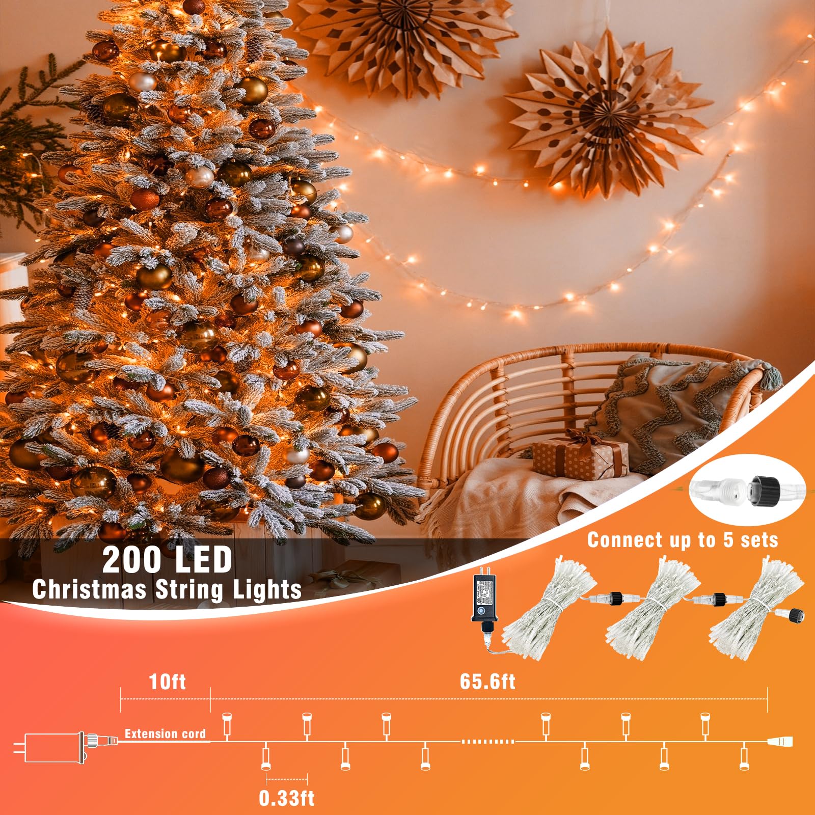 Vivideal 200 Led Christmas Lights Outdoor, 66Ft Orange String Lights Indoor 8 Modes Clear Wire, Plug In Waterproof Orange Christmas Lights For Christmas Tree Bedroom Thanksgiving Decorations