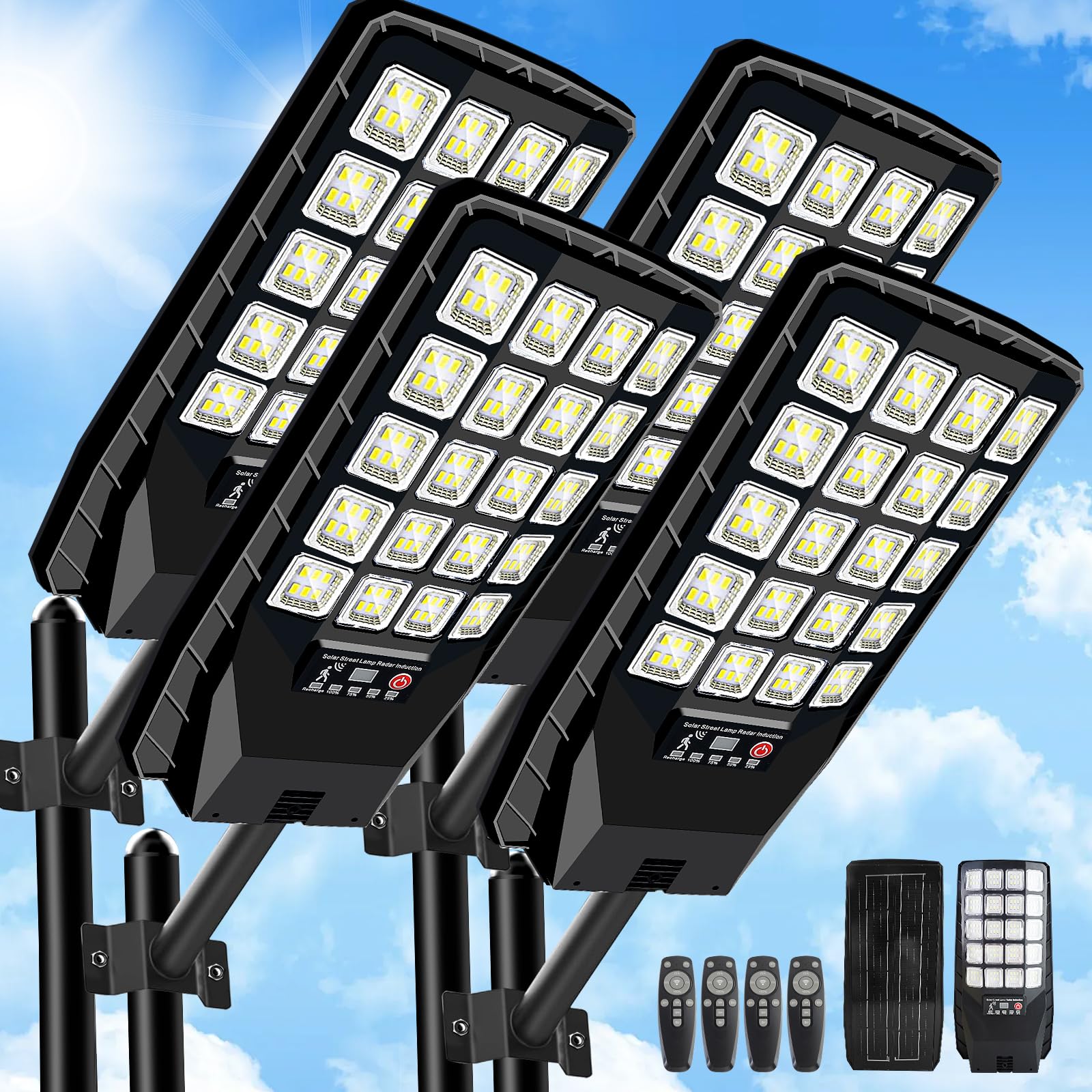 JWT Solar Street Lights - 4 Pack, 6500K, 20000LM, Waterproof, Motion Sensor, Remote Control, Black, Model JX-177-4