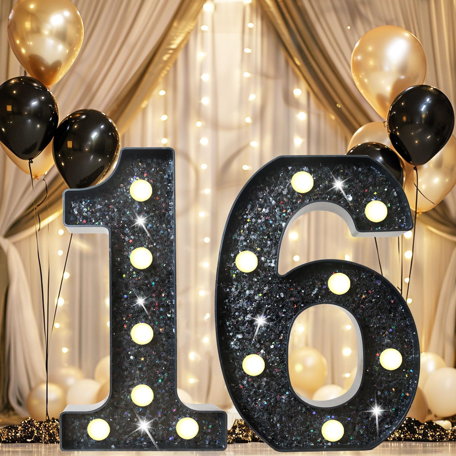 8.8 Decorative Led Light Up Numbers  Glitter Marquee Numbers Lights For 16Th Birthday Decorations  Shiny Lighted Number Sign For Birthday Party Wedding Anniversary Home Decor  Glitter Black 16