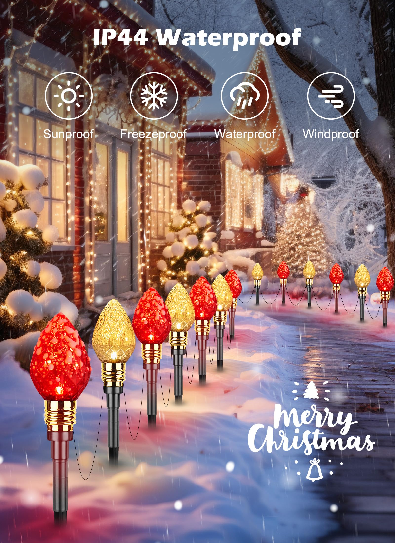 Brightown Christmas Pathway Lights - 20 LED, 34.8 ft, 2 Pack, Strawberry Red & Warm White, Model GY-C-50.6-U-B1
