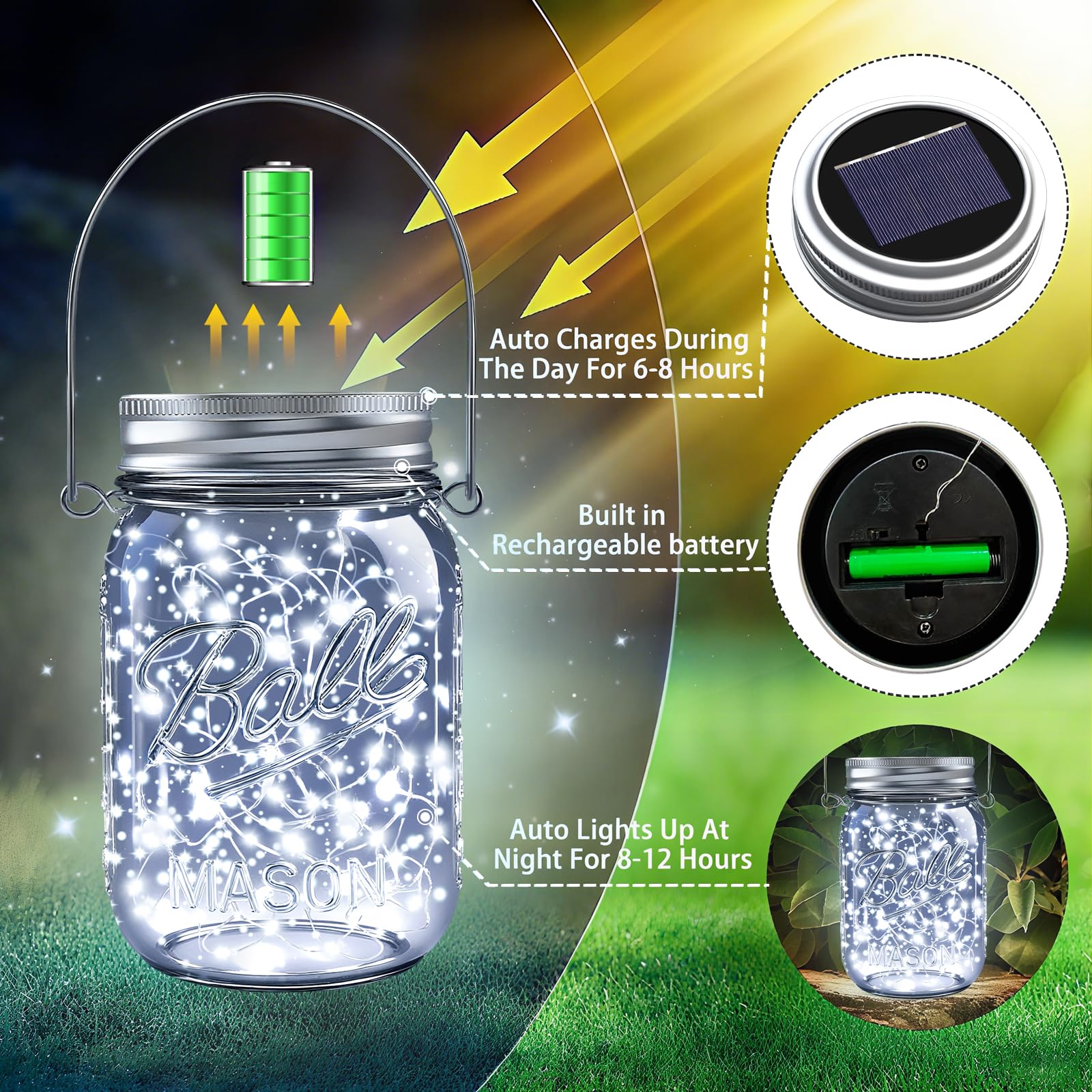 Znycye Solar Mason Jar Lights, 6 Pack 30 Led Waterproof Solar Fairy Firefly Jar Lids String Lights With Hangers(No Jars) For Out