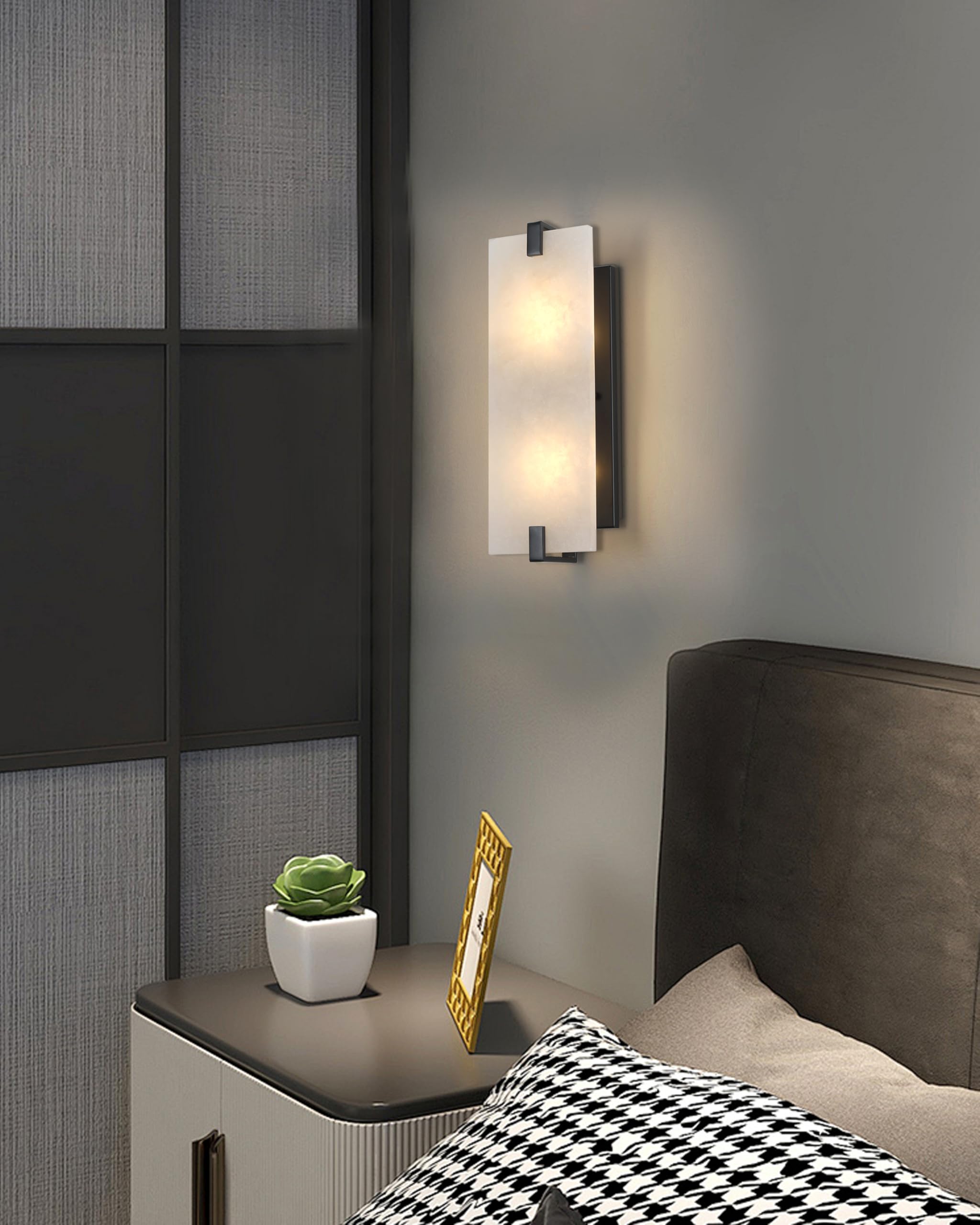 Cjy Chenjinyan 2 Light Square Alabaster Marble Bathroom Wall Sconce Modern Concise Style Wall Light Fixture,Black Finish For Bed