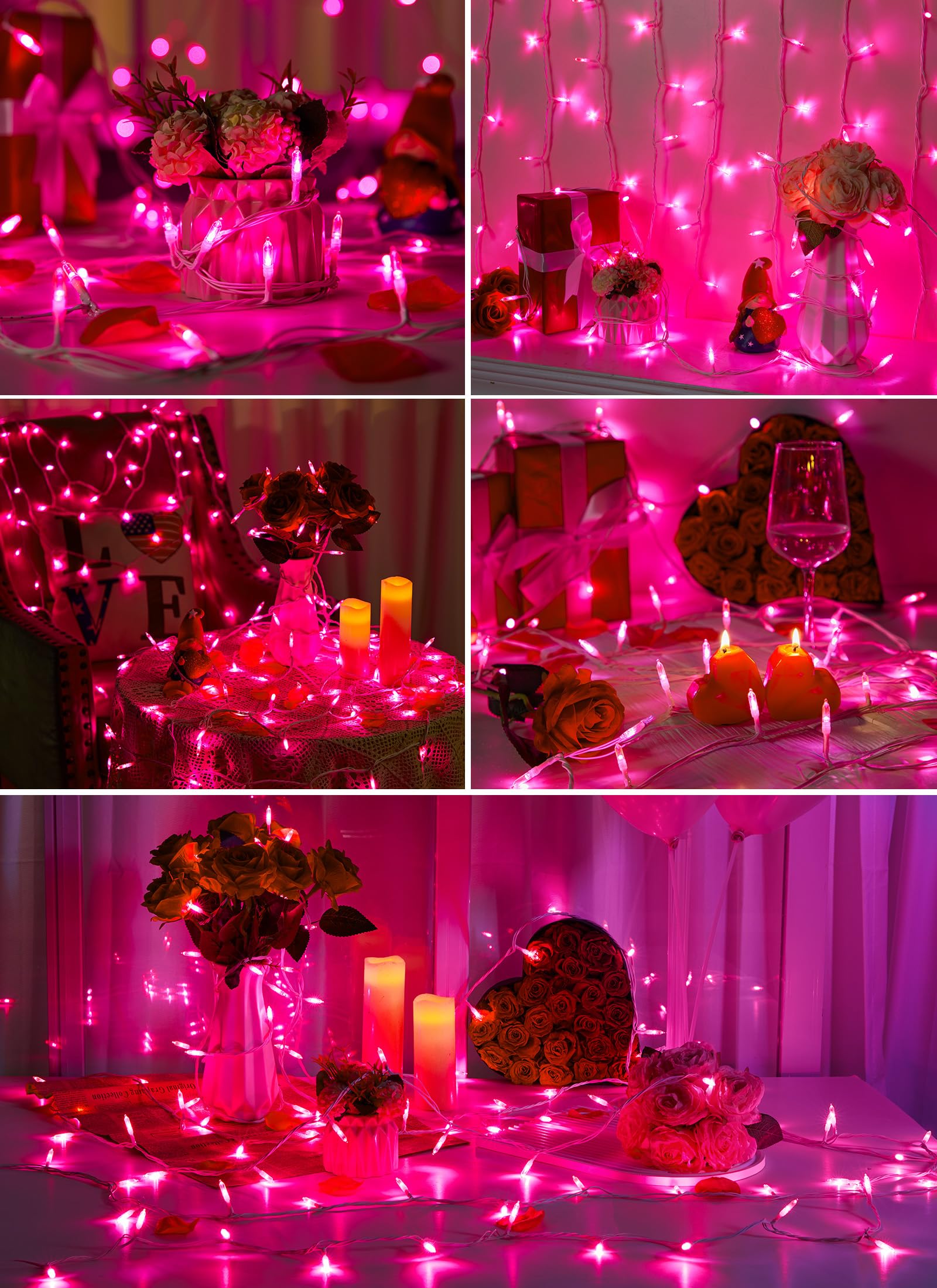Pink Christmas Mini Lights, 39Feet 100 Led Pink String Lights With 8 Lighting Modes, Connectable Valentine'S Lights For Indoor Outdoor Valentine'S Day Garland Wreath Holiday Decoration, White Wire