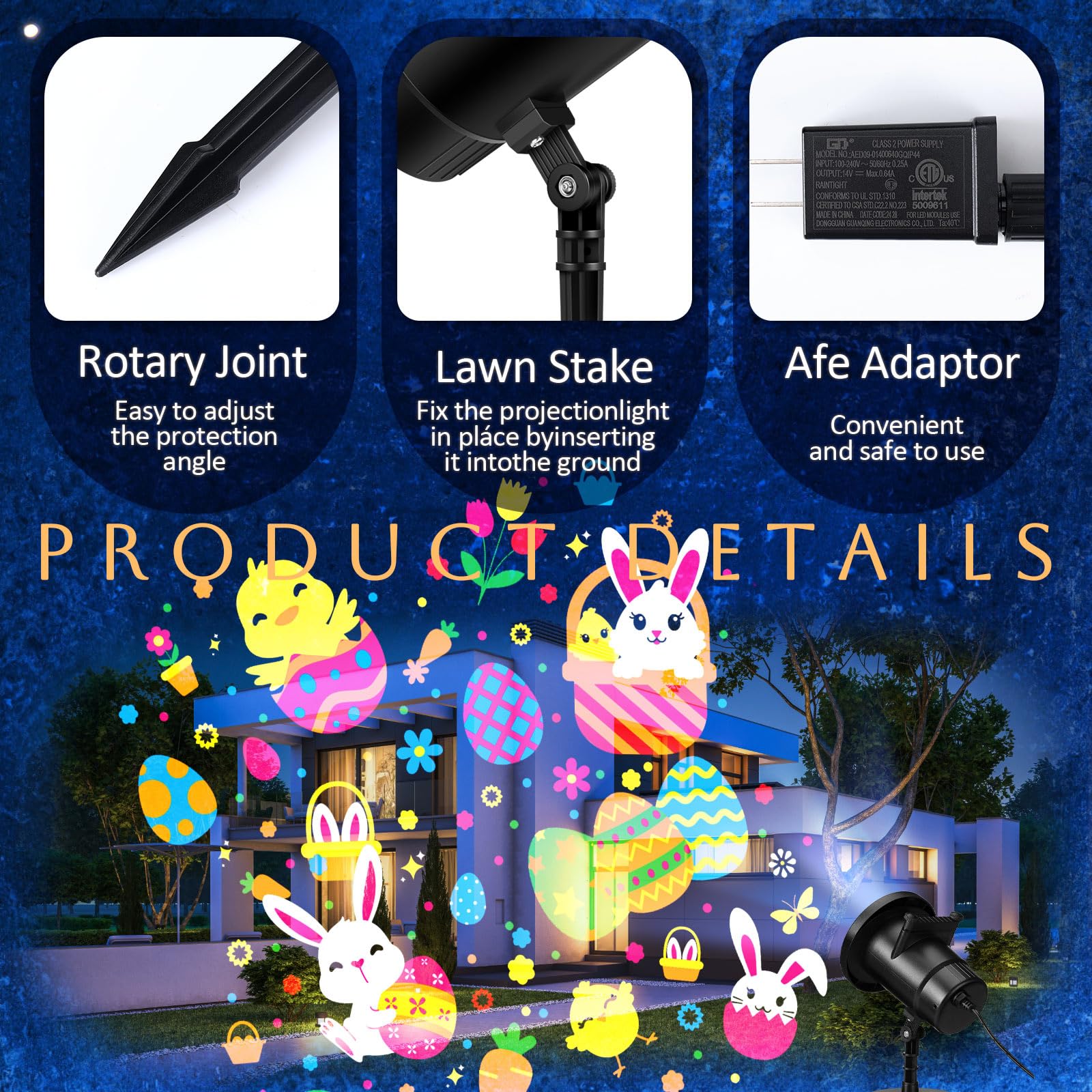 Lingvee Holiday Projector Light - Waterproof LED Landscape Lamp, Bunny Slides, Black Body, Model LET-Lingvee-0123