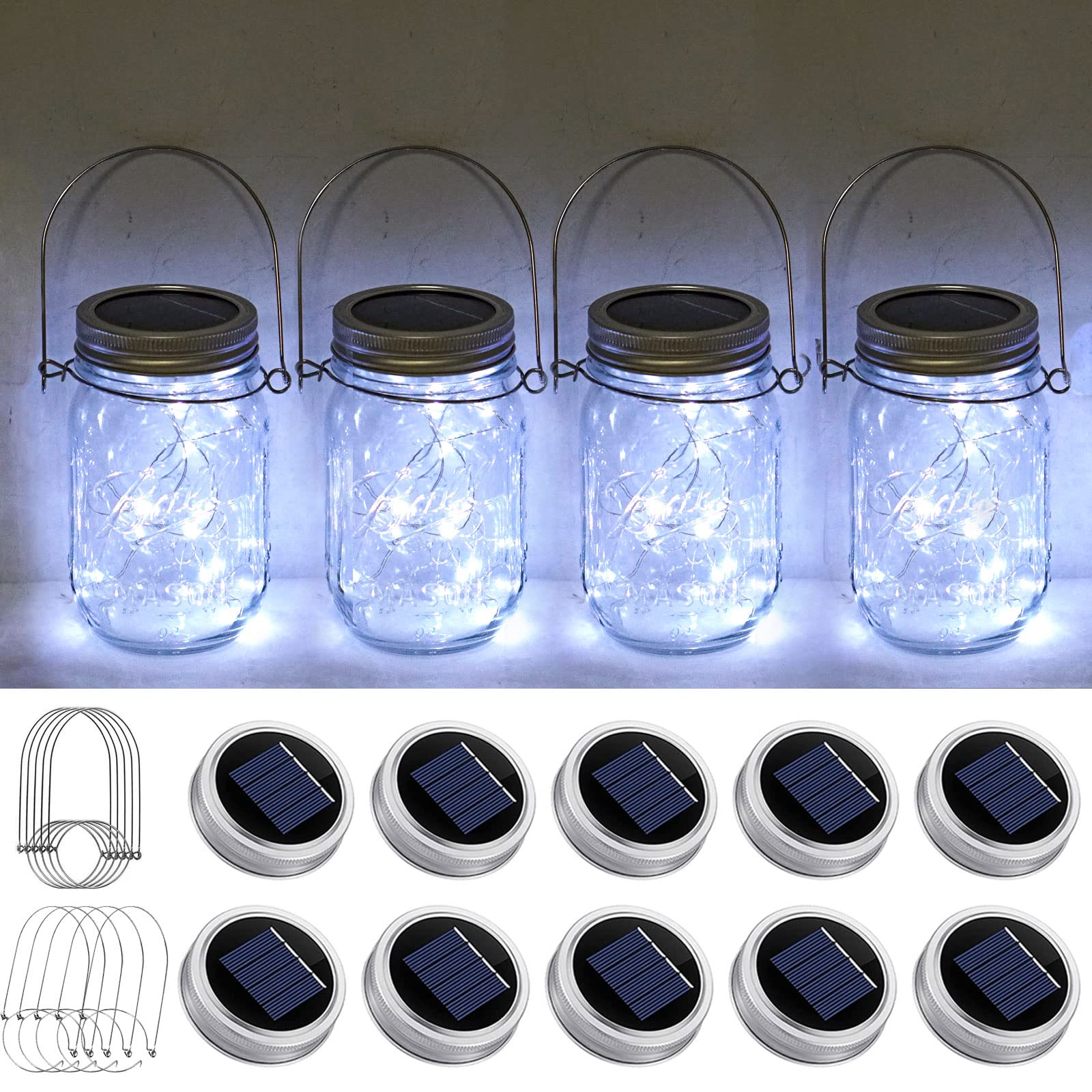 Smilingtown Solar Mason Jar Light Lids, 10 Pack 20 Led Fairy Lights, Waterproof Cool White