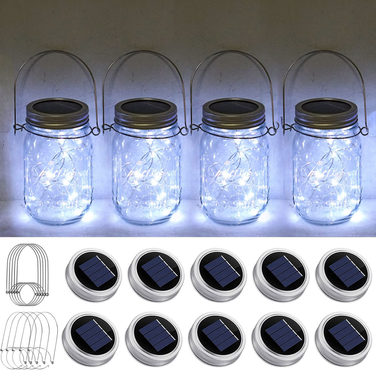 Smilingtown Solar Mason Jar Light Lids, 10 Pack 20 Led Fairy Lights, Waterproof Cool White