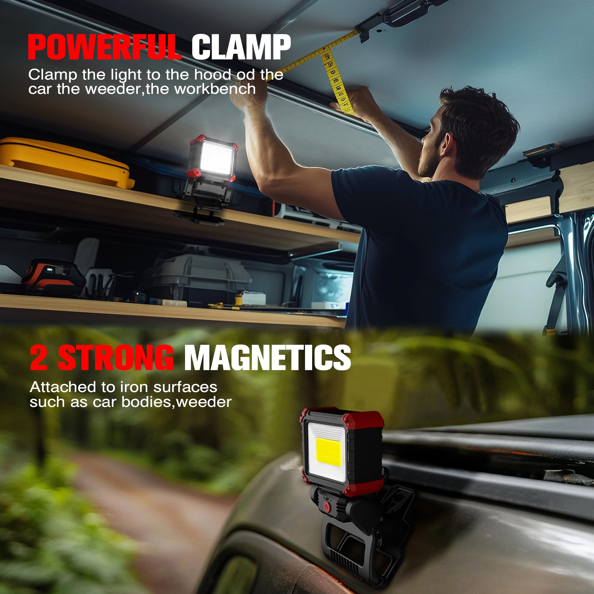 Yls 2Pack Led Work Light, 2100Lm Rechargeable Cob Magnetic Clip On Work Light With 3 Light Modes, 270° & 180° Rotatable Portable Clamp Worklight For Job Site,Car Repairing,Workshop