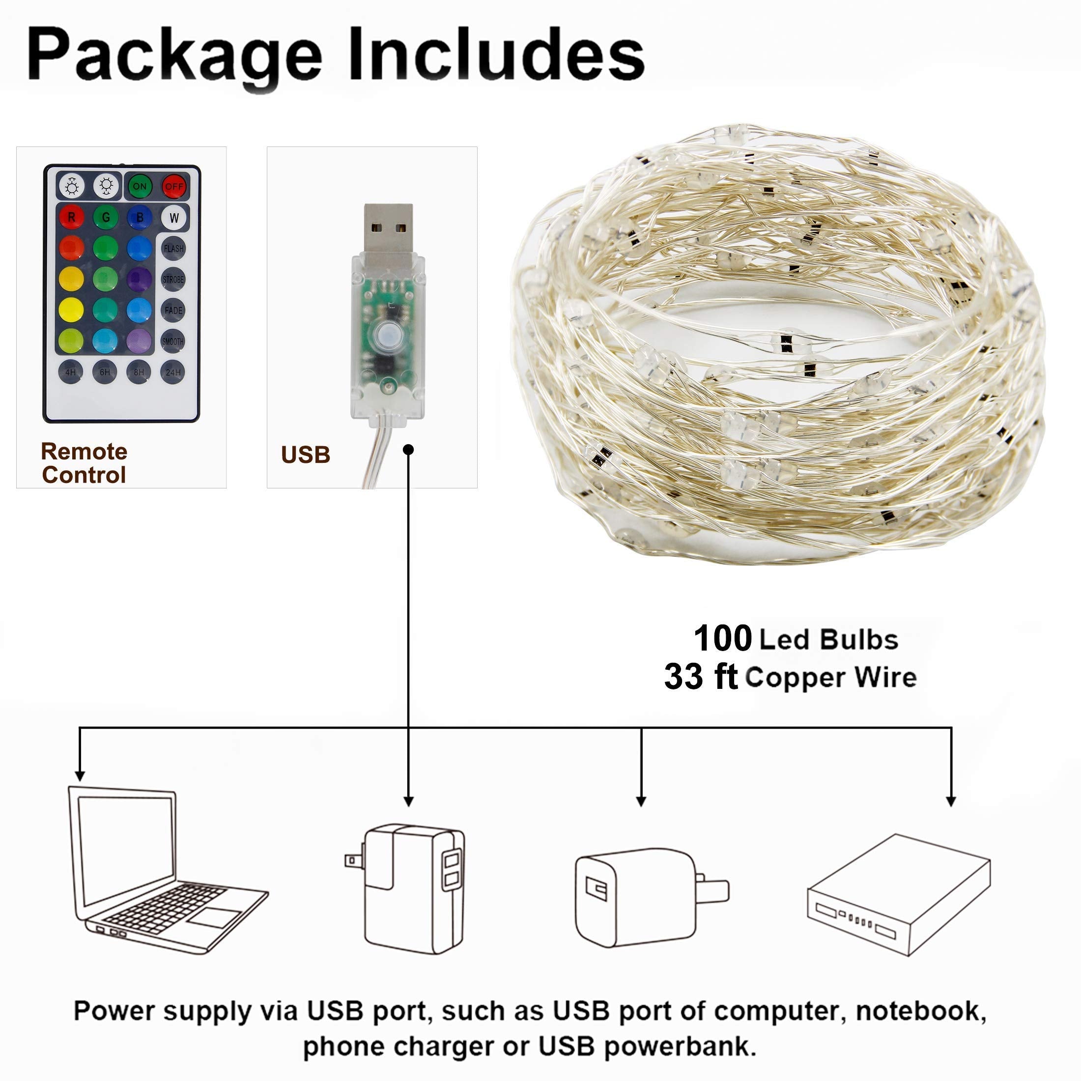 Twinkle Star USB Fairy String Lights, 33Ft, 100 LED, Waterproof, Multicolor, Remote Control, 4 Lighting Modes, Model 43551-119507