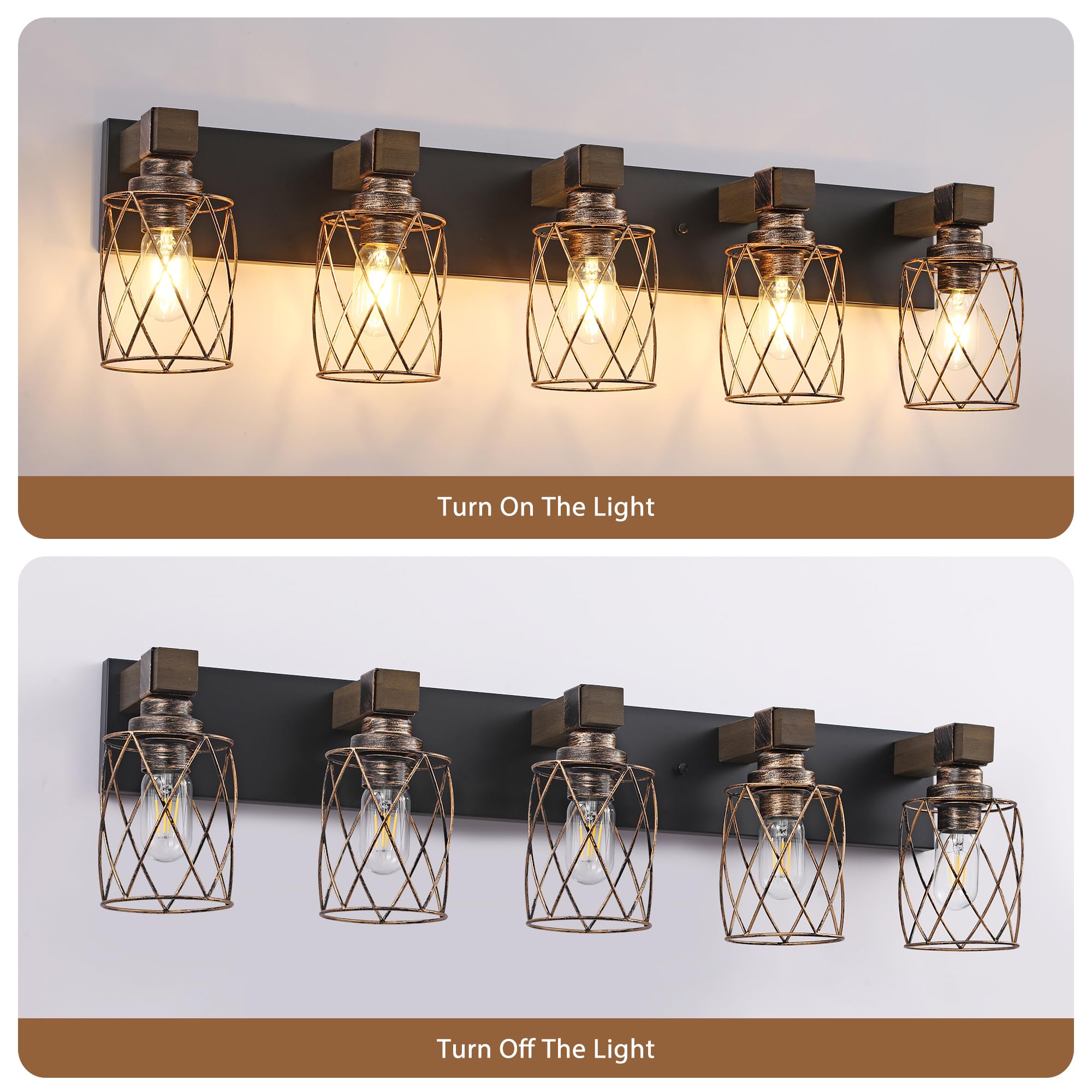 Farmhouse Bathroom Vanity Light  5-Light Wood Bathroom Light Fixtures Over Mirror  Black And Gold Industrial Vanity Lights With Metal Shade  Rustic Bathrooms Lighting For Living Room Bedroom Hallway