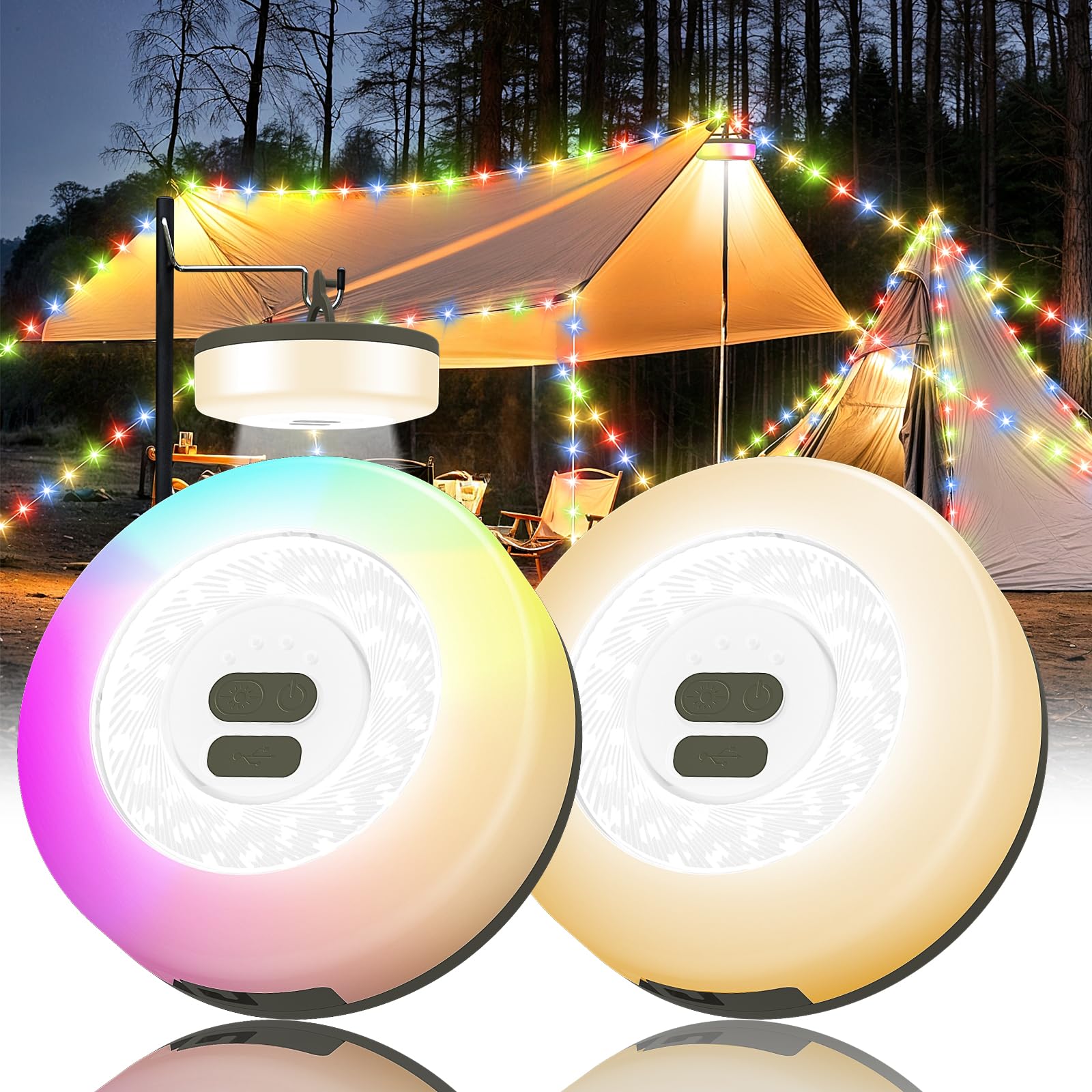 2Pack Camping String Lights, 4 in 1 Quick Storage 32.8FT Rechargeable Tent Lights with 9 Modes Hanging Waterproof Camp Lamp Camp