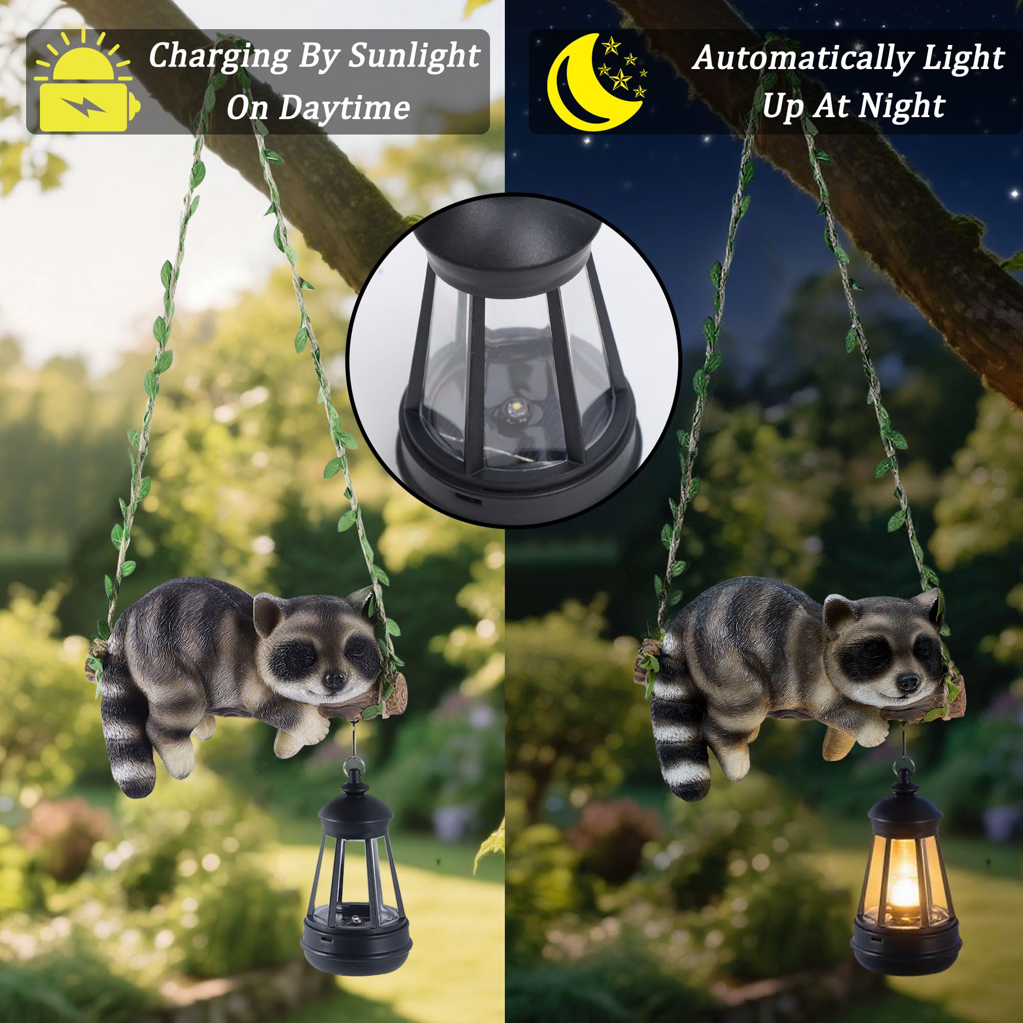 ZaaYee Solar Lighted Garden Statue, 20.1in Hanging Raccoon with LED Lantern, Brown Resin Figurine, Model LIERCN