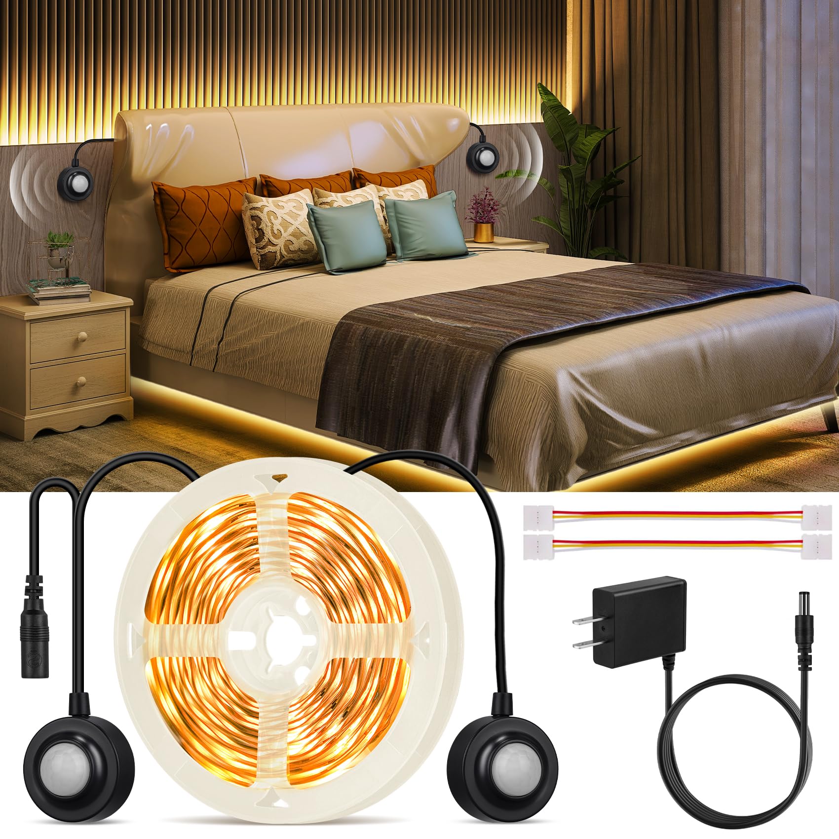 HOUHUI Dual Motion Sensor Light Indoor Under Bed Lights 16.4Ft Motion Activated LED Band Lights for Bedside 12V Warm White Under Cabinet Light Two Motion Sensors LED Band for Stair Closet Hallway