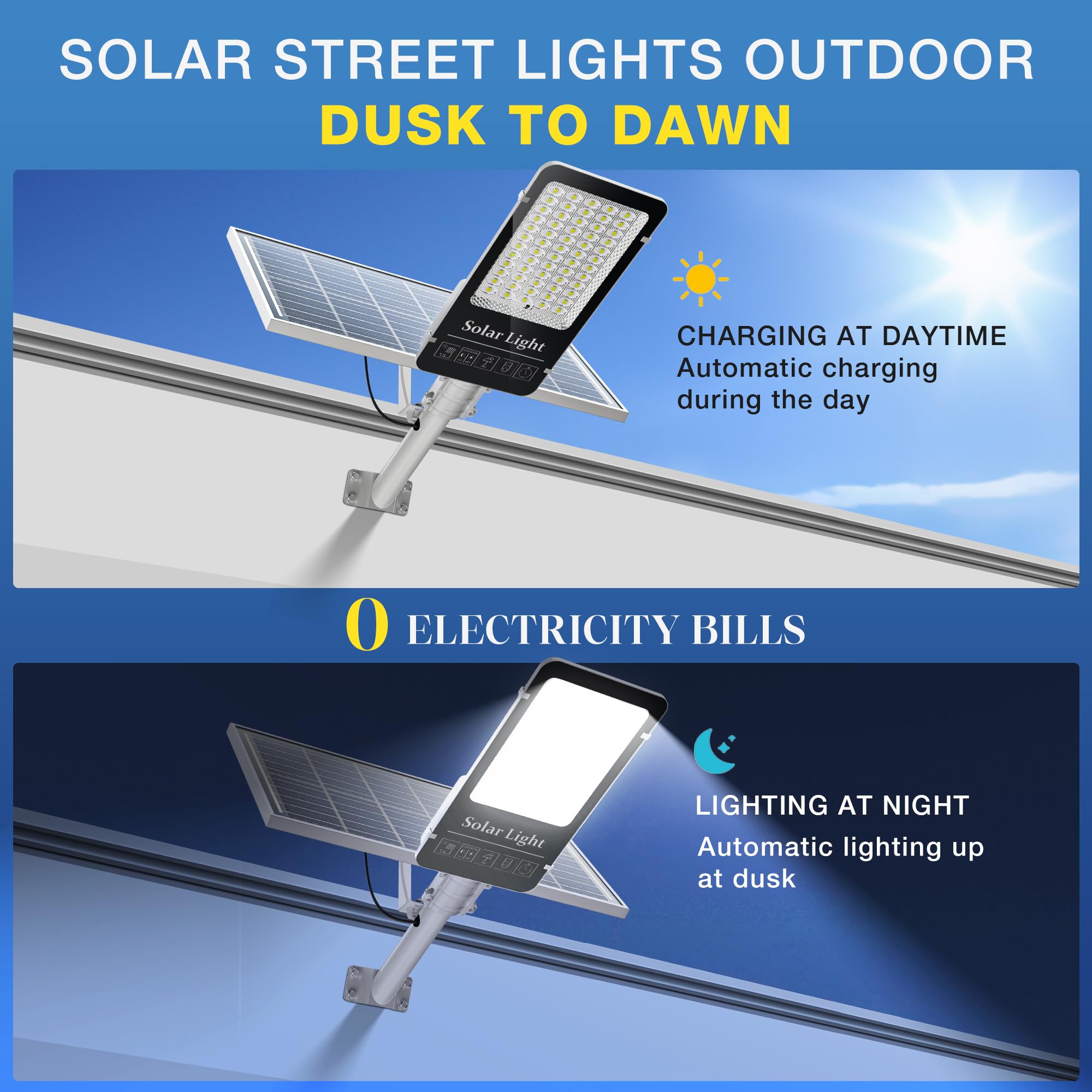 OKPRO 10000W Solar Street Light - Super Bright LED, IP66 Waterproof, Remote Control, Heavy Duty for Yard & Driveway, White, Model S-2000A