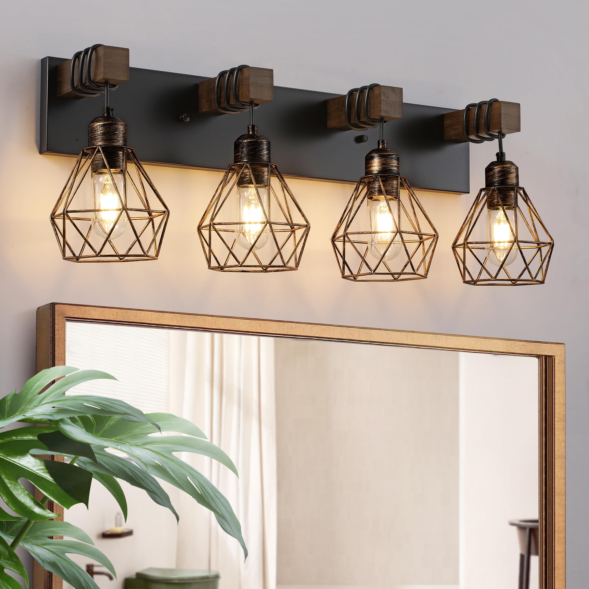 Farmhouse Bathroom Light Fixtures, 4-Light Bathroom Lighting Fixtures Over Mirror, Rustic Wood Black Gold Vanity Lights Wall Sco