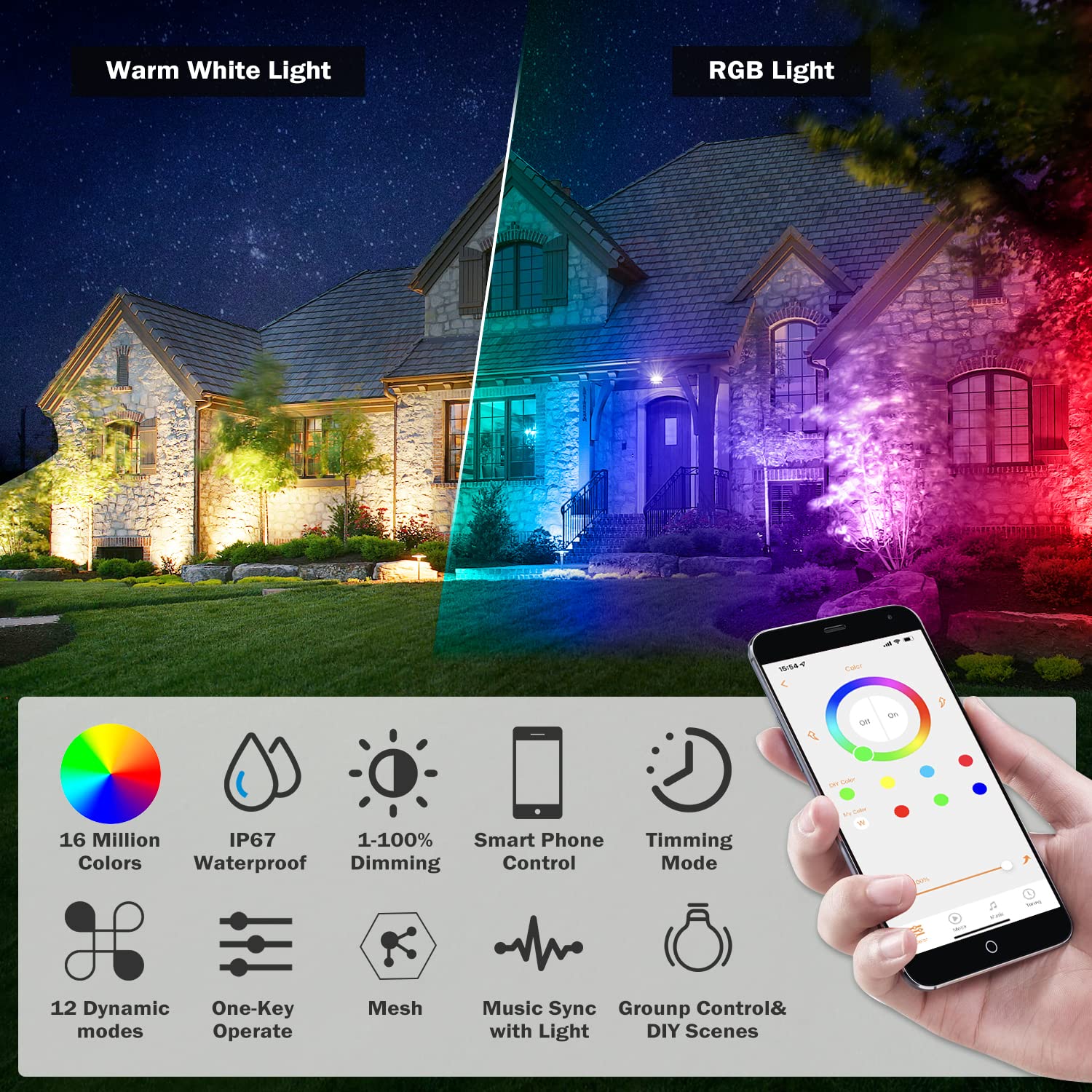 Ruicaikun Smart Outdoor Lights, 15W App Control Dimmable Spotlights, 2 Pack, Waterproof Aluminum, Music Sync, For Yard And Garden