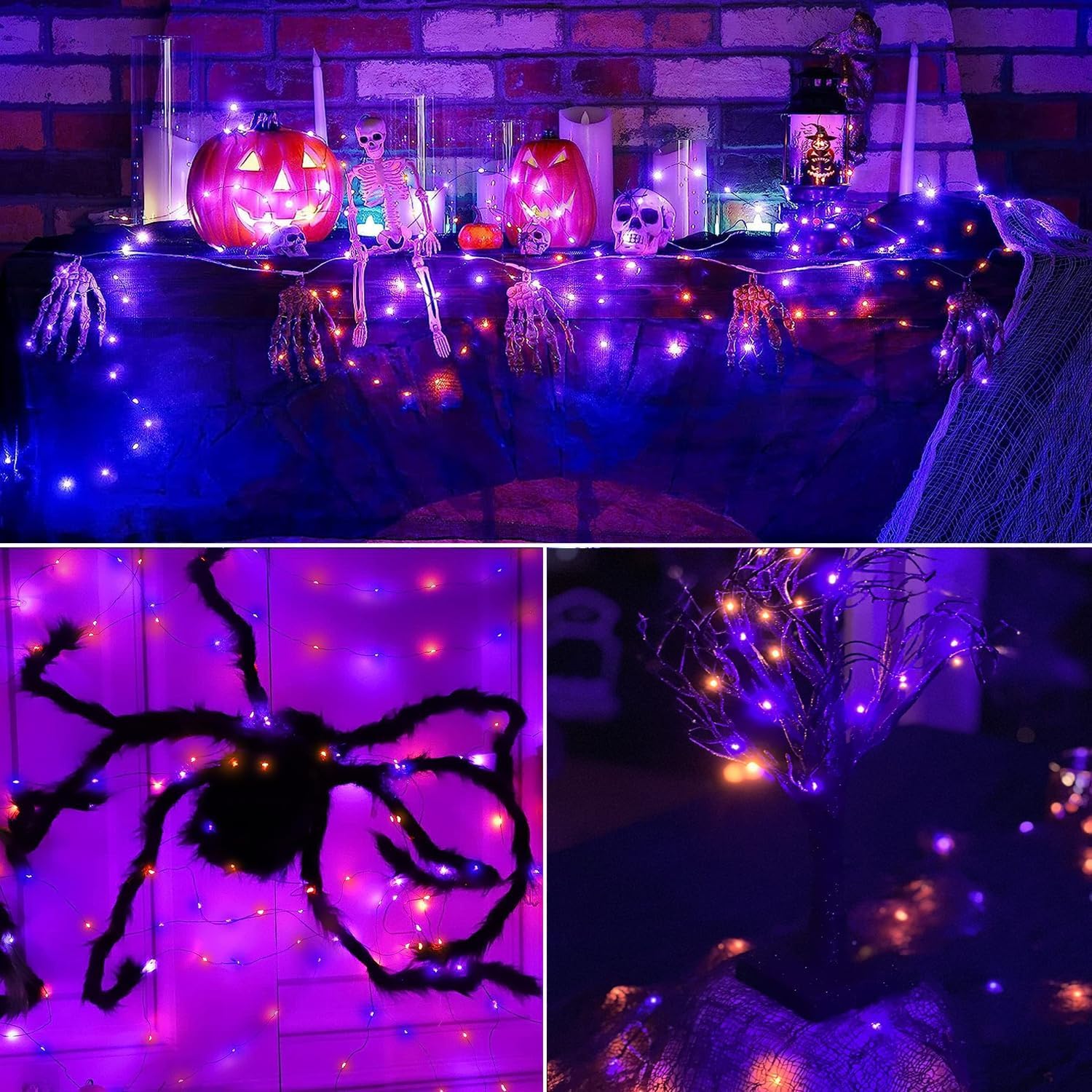 Joomer Solar Halloween Lights, 2 Pack Total 98ft 300LED Orange Purple Halloween Fairy Lights Waterproof 8 Modes Twinkle Lights O