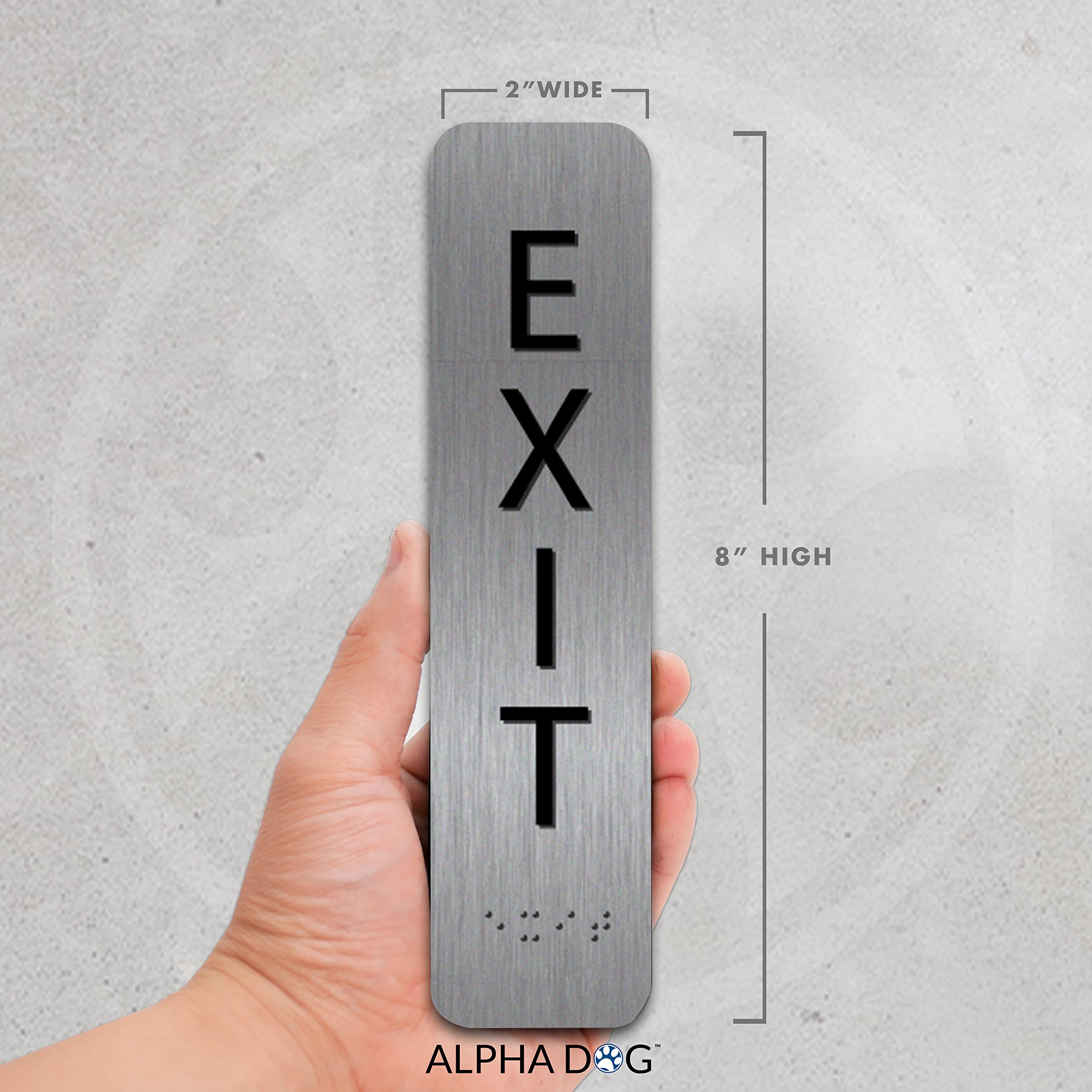 Alpha Dog Ada Signs Vertical Braille Exit Sign 8X2 Inch Ada Compliant Indoor Outdoor Business Easy Install Usa Made (Brushed Sta