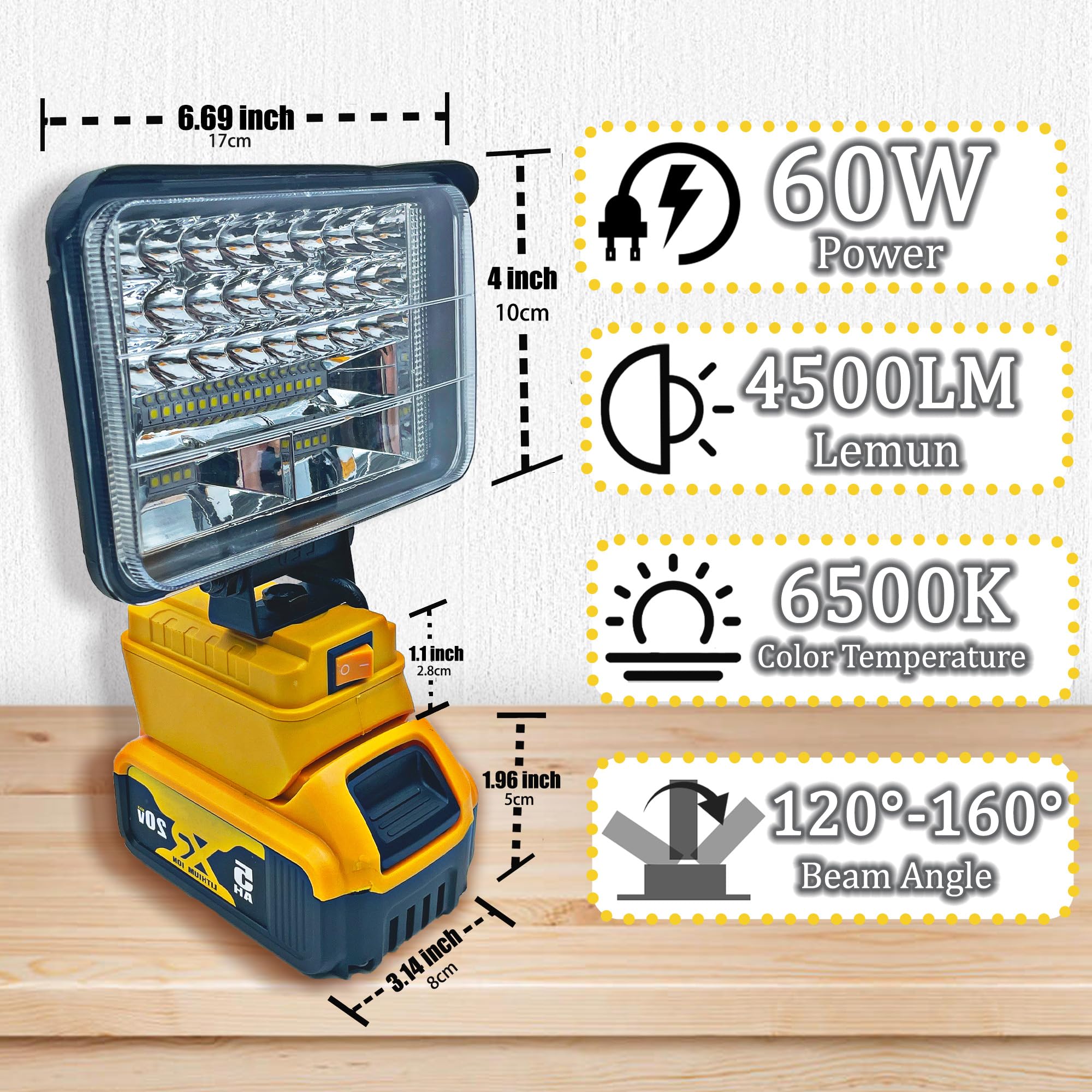 Led Work Light Cordless Handhelp For Dewalt 20V Battery,60W 4500Ml Led Portable Light,Protection Two Usb Charging Port For Outdo