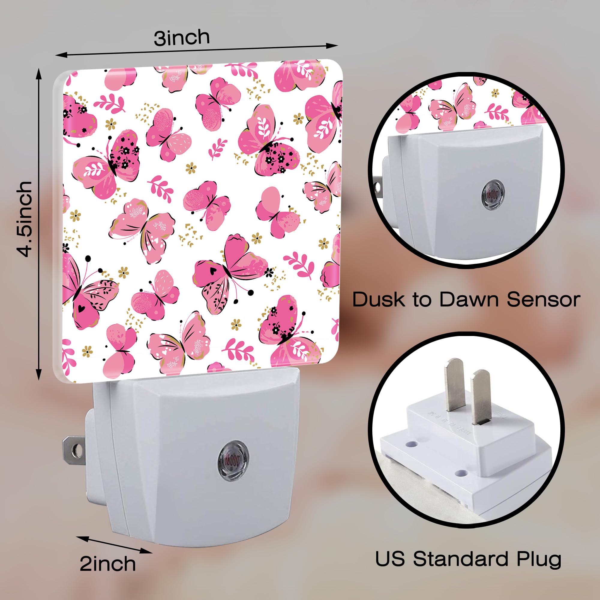 sndheke Butterfly Night Light, 0.5W Energy Saving, Floral Design, Dusk to Dawn, Plug-In, Pink, Model SBD04