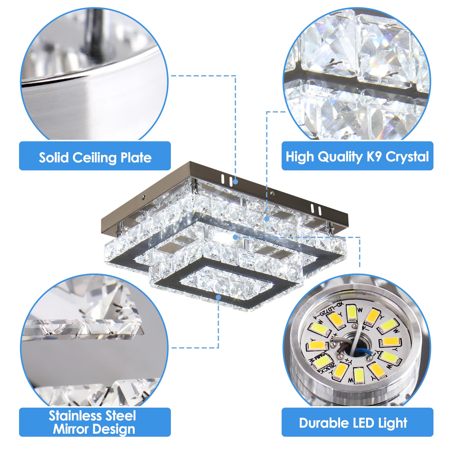 Finktonglan Led Crystal Ceiling Light, Modern K9 Stainless Steel Flush Mount For Living Room/Bedroom