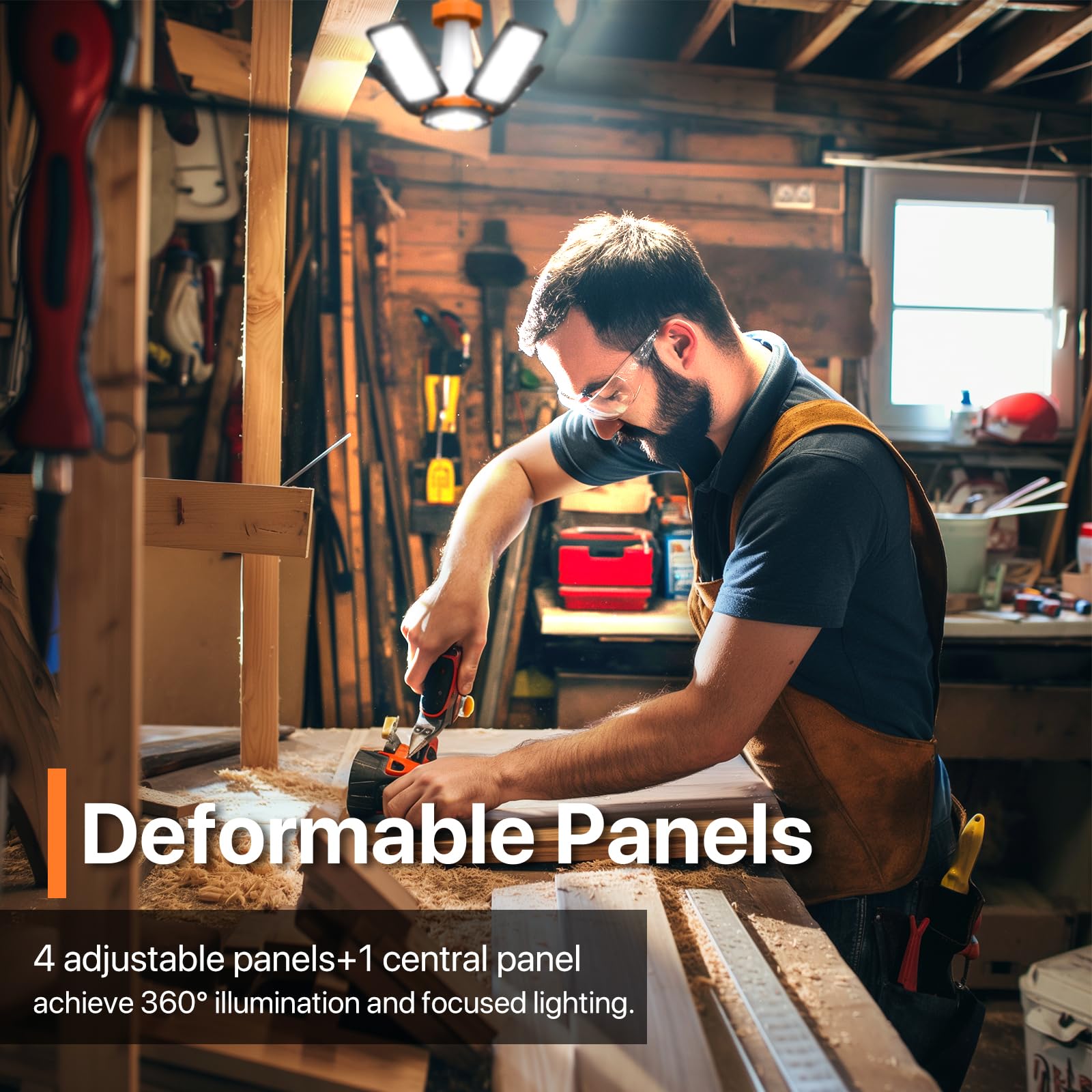 Led Temporary Work Light: 100W 15000Lumen With Brightness Adjustable Switch, 4 Deformable Panels Linkable Hanging Work Light, Po