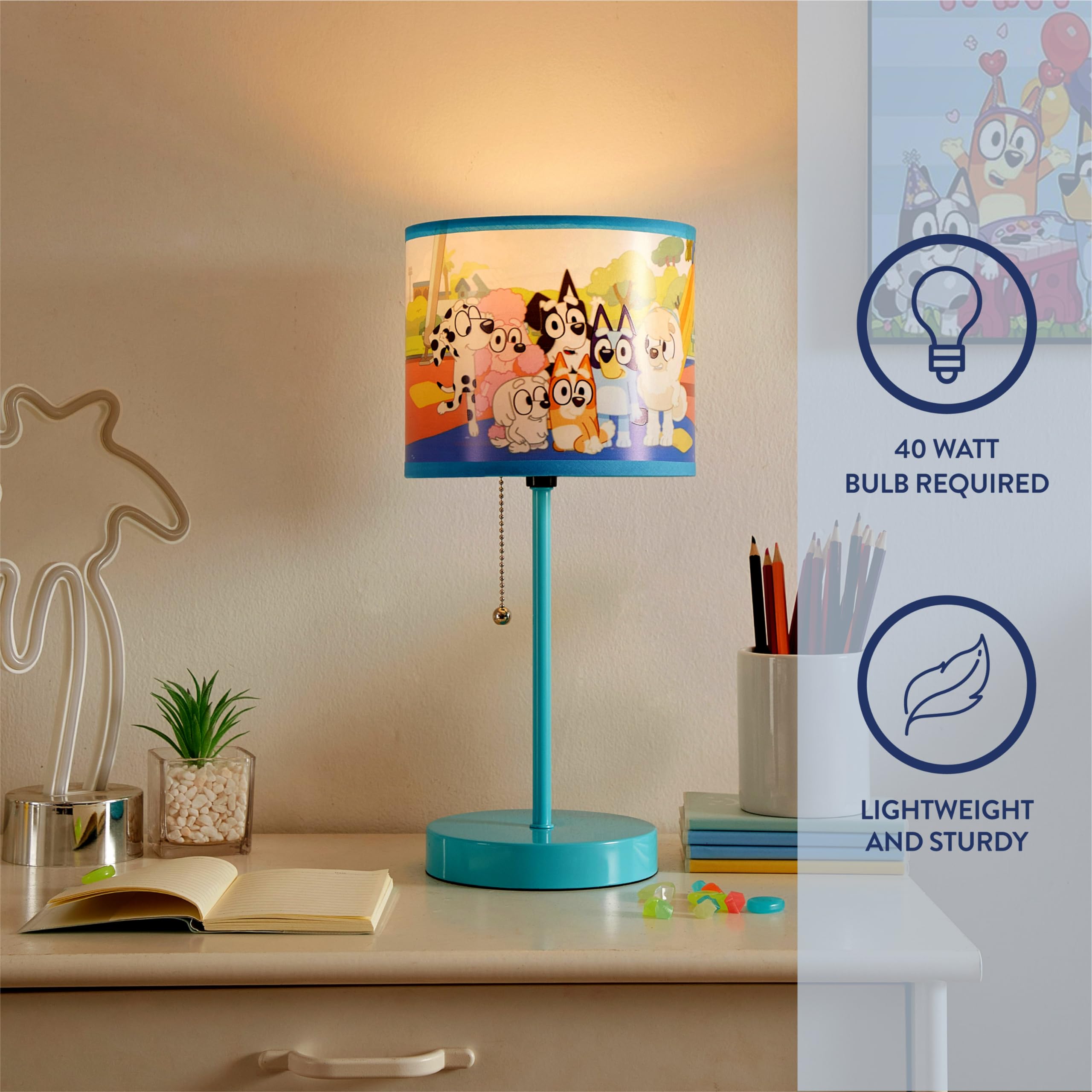Idea Nuova Bluey Table Lamp - Kids Stick Lamp With Printed Shade, Pull Chain, Plastic, Bedroom & Nursery Lighting, Model Nk504018