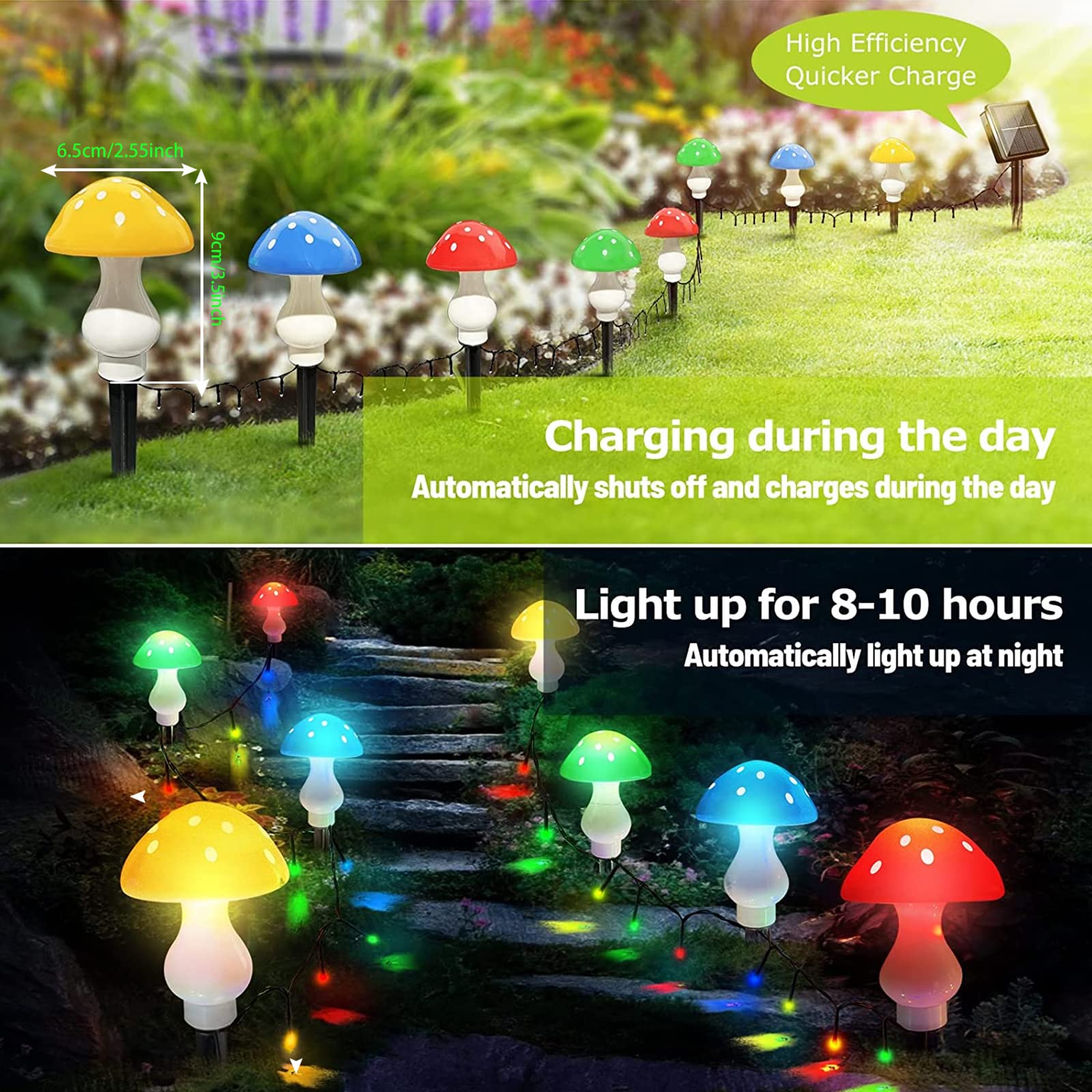 LiyuanQ Solar Garden Lights 8 Pack, 50 LED Multicolor Mushroom String Lights, 23ft Waterproof for Outdoor Decor