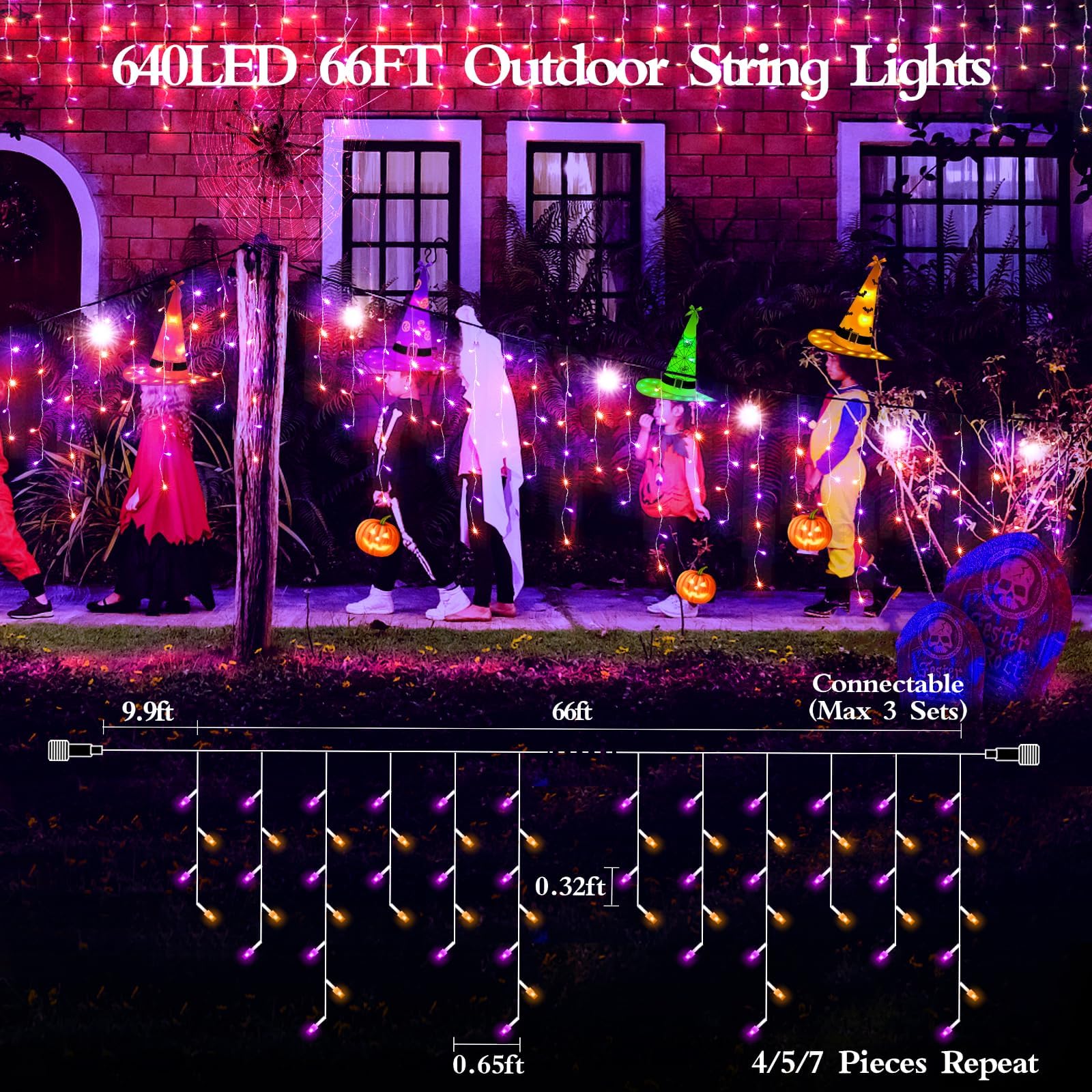 Jxledayy 65 Ft 640 Led Halloween Lights Outdoor Decorations Clear Wire String Lights Plug In 120 Drops 8 Modes Memory Timer Curt