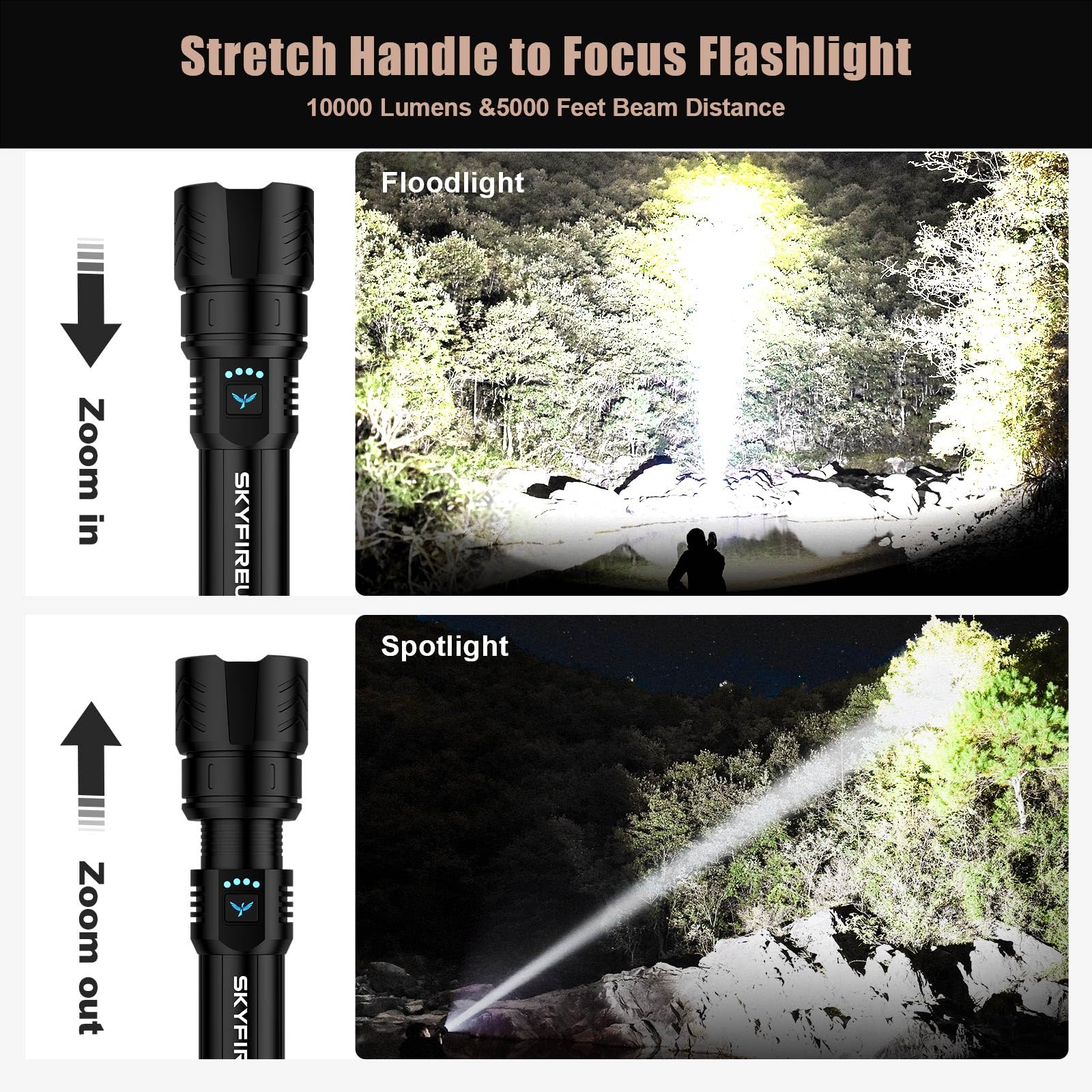 SKYFIRE 2000lm LED Flashlight - Rechargeable, Zoomable, Waterproof, Black, Model 1097, Ideal for Camping and Emergencies