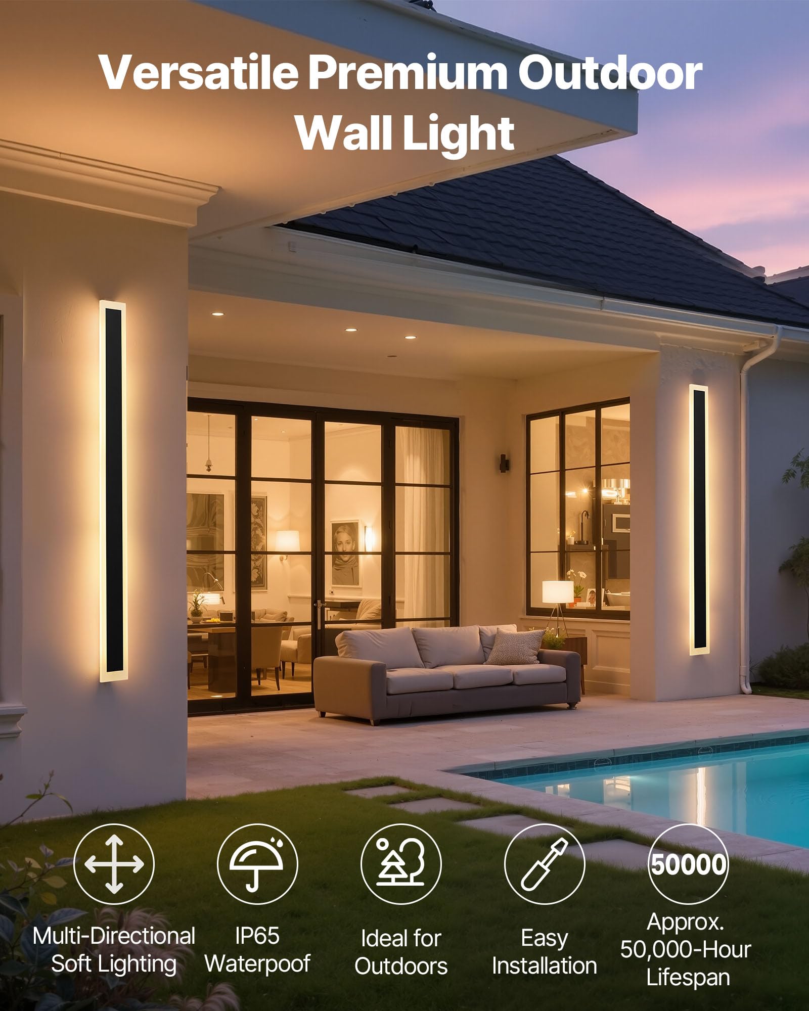 VEVOR Outdoor Wall Lights, Modern Sconce Fixtures, Dimmable, IP65 Waterproof, 59.1 Inch, Black and White, Model VB55-D-2